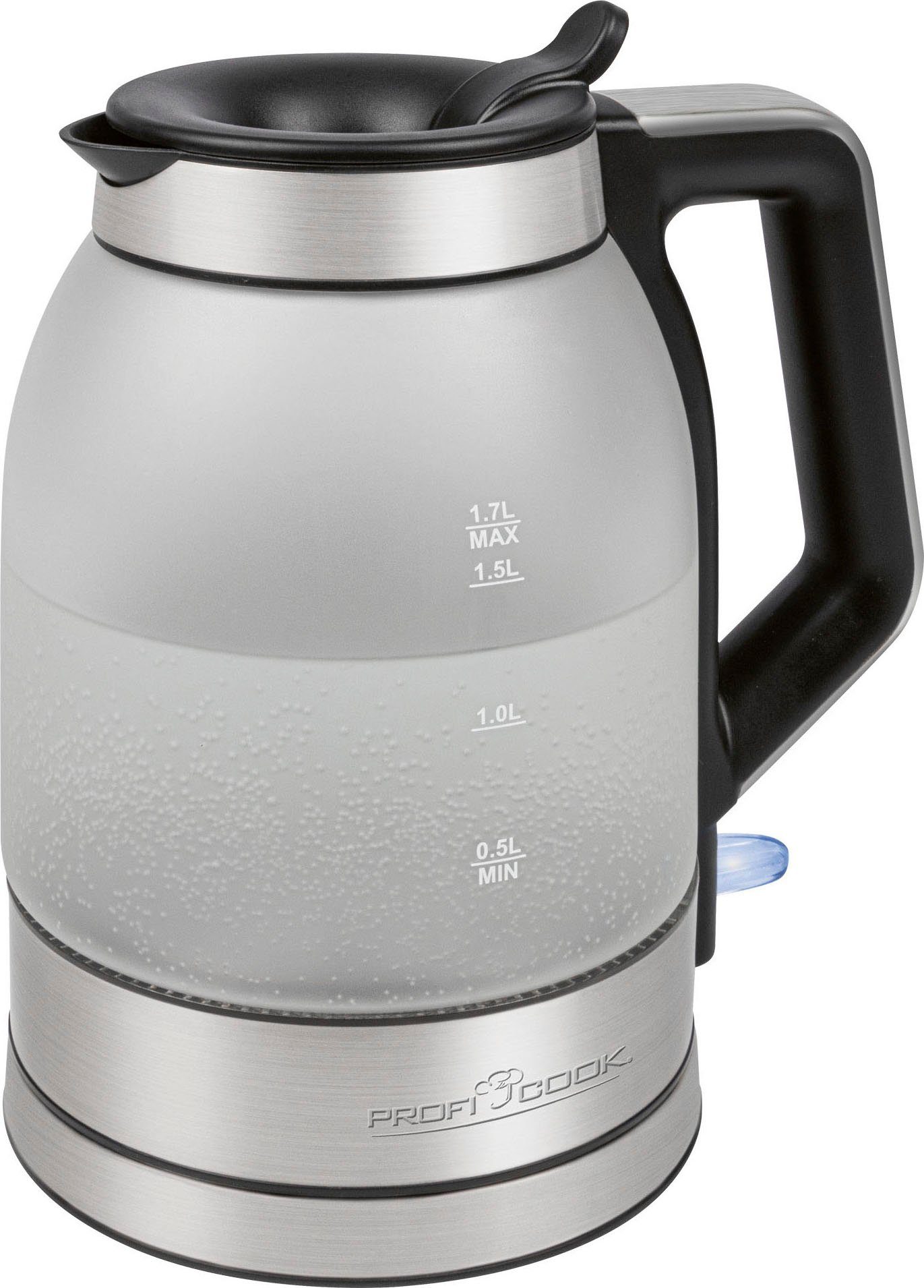 ProfiCook Wasserkocher PC-WKS 1215 G inox, Glas, 360°, 1,7 l, 2200 W, ideal  für Kaffee, Tee, Nudeln, Babynahrung, Wärmfalschen,