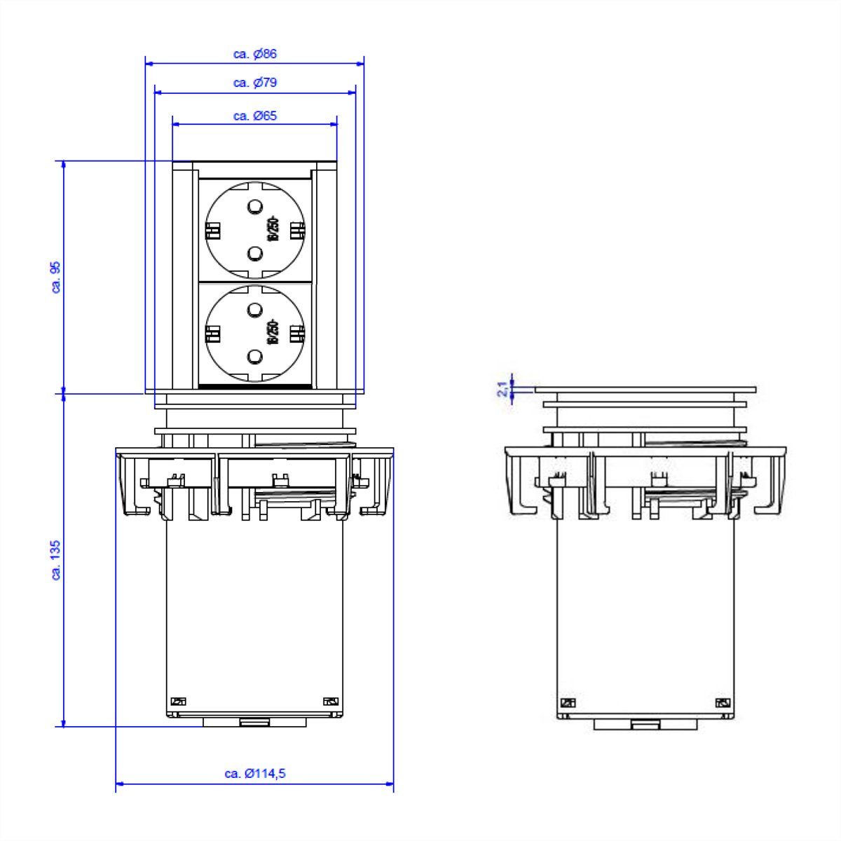 Bachmann Elevator 2xCEE7/3 Einbau-Tischsteckdosenleiste (Kabellänge 2 m), AEH, 928.0024