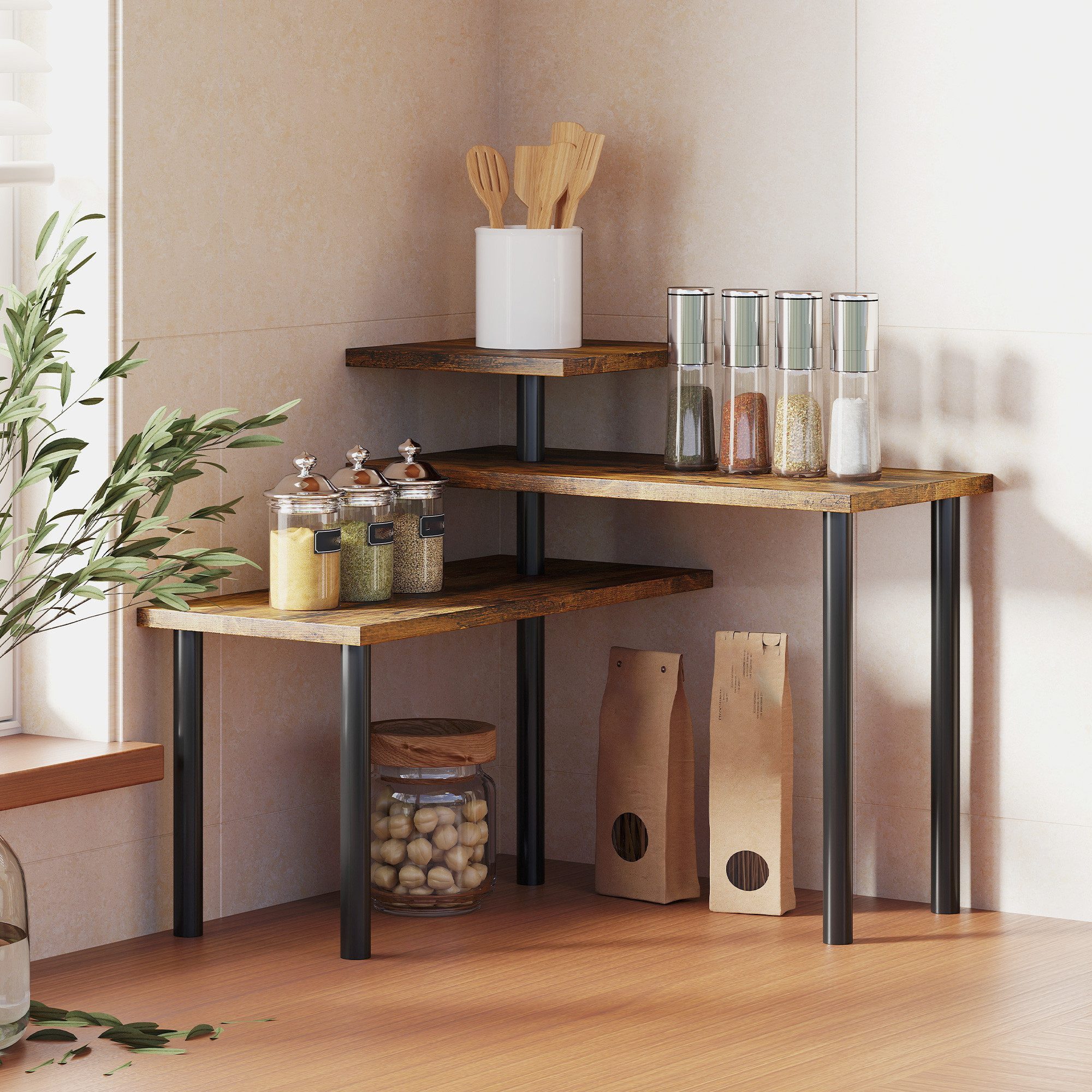 LEMLIT Eckregal Küche mit 3 Ebenen, Verstellbar Küchenregal Arbeitsplatte,Gewürzregal, 1er Set 1-tlg., Stehend Küchenorganizer Regal für Esszimmer Küchen Badezimmer
