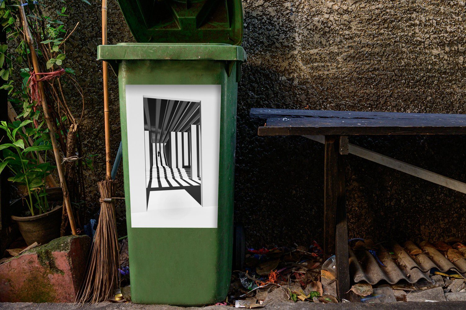 MuchoWow Wandsticker Tür - Schatten (1 - Container, Abfalbehälter St), - Mülltonne, Mülleimer-aufkleber, Sticker, Weiß Linien
