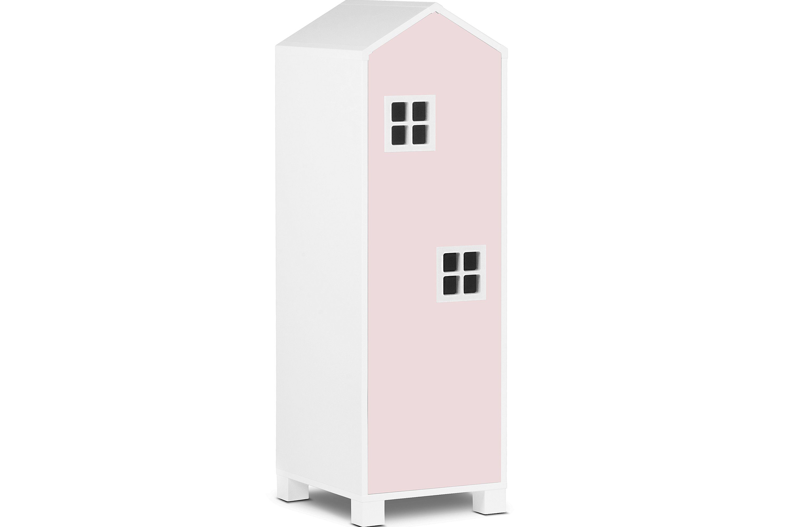 Konsimo Kinderkleiderschrank MIRUM Spielzeugschrank Drehtürenschrank Hausform Schrank 3 Einlegeböden, mit Türen, Fenster mit Grifffunktion weiß / rosa