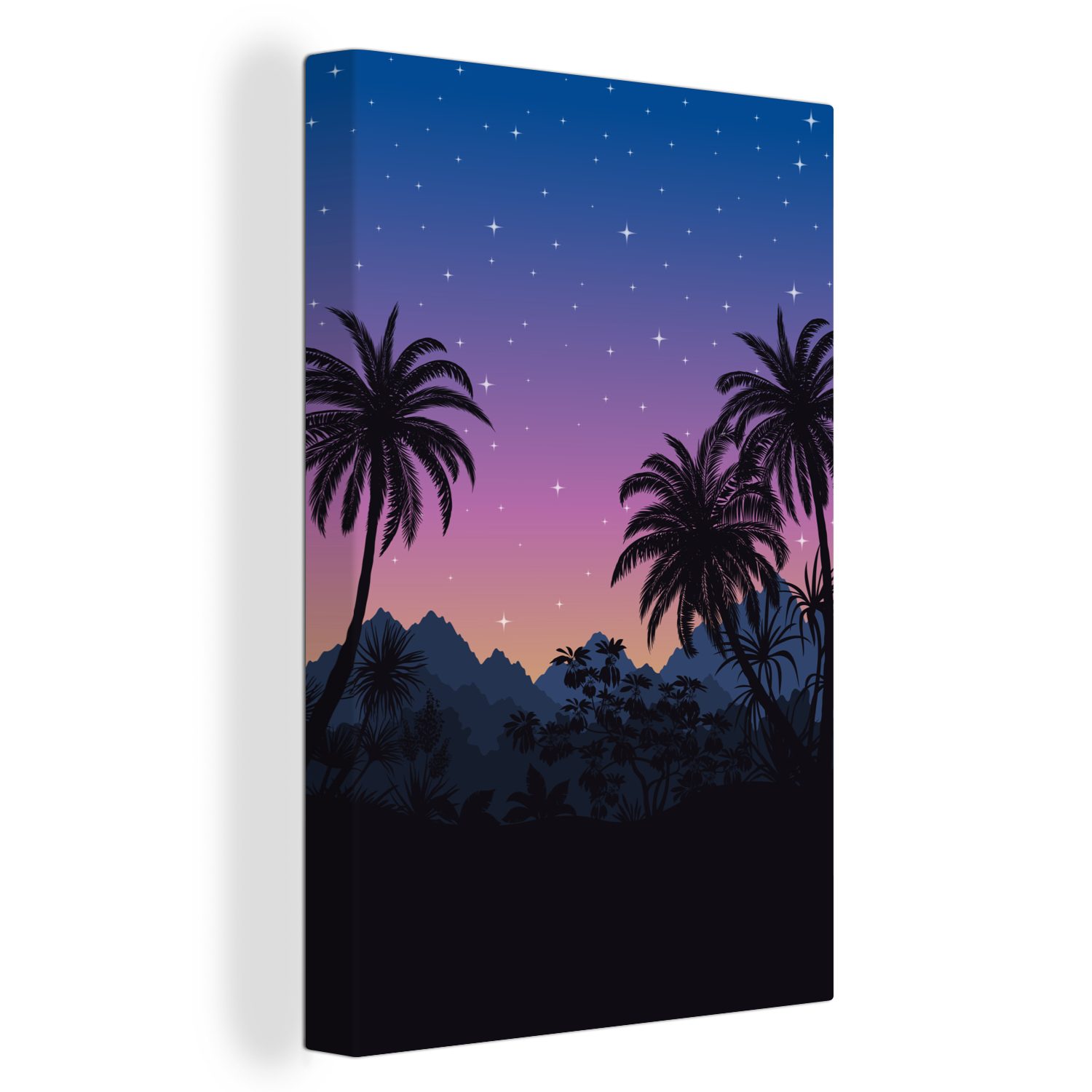OneMillionCanvasses® Leinwandbild Palme - Berg - Nacht, (1 St), Leinwandbild fertig bespannt inkl. Zackenaufhänger, Gemälde, 20x30 cm