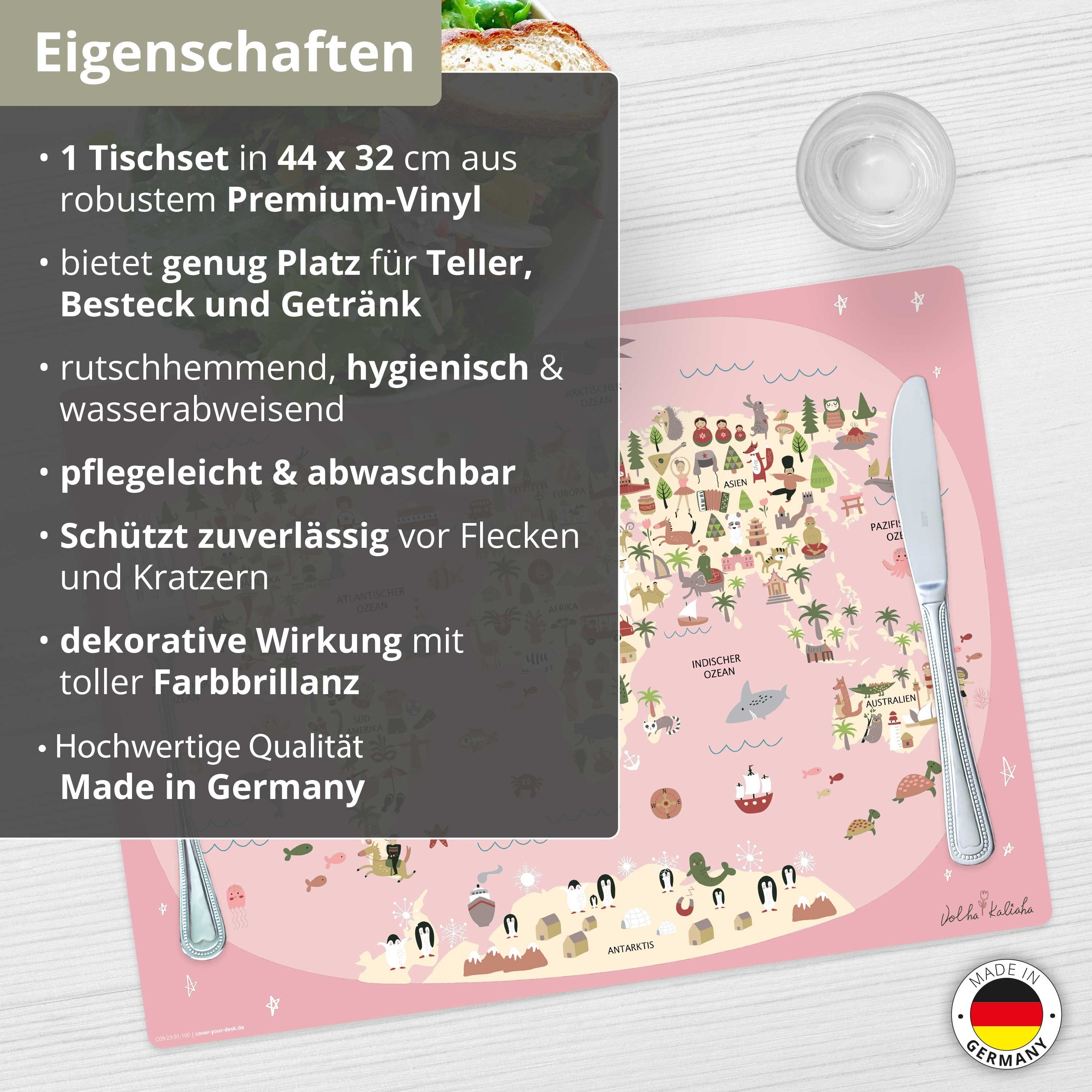 x in - rosa Germany Tischsetmacher, - Made deutsch, erstklassigem Tieren, Vinyl 32 - cm Weltkarte Tischset, rutschfeste  Platzset (aus - Kinder (Kunststoff 1-St., mit Platzset, in Tischdekoration), 44 abwaschbar - BPA-frei)