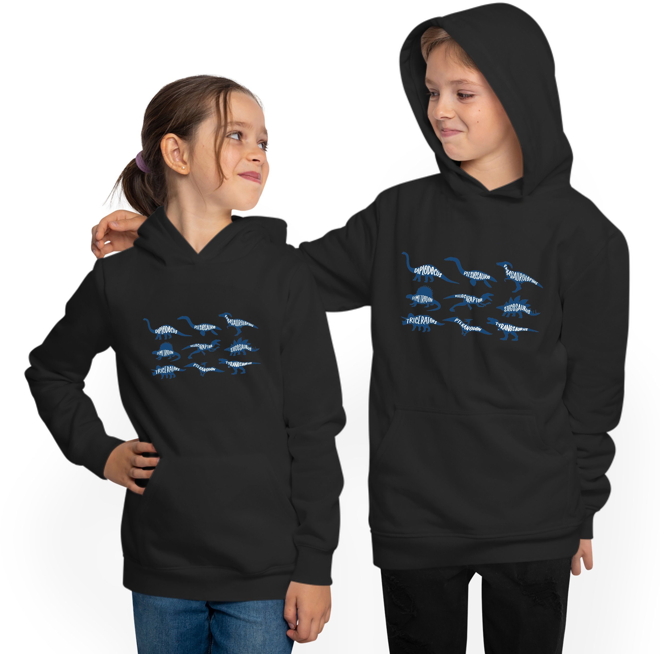 MyDesign24 Hoodie Kinder Aufdruck, Kapuzen Silhouetten Dinosaurier - i90 Sweatshirt mit Kapuzensweater