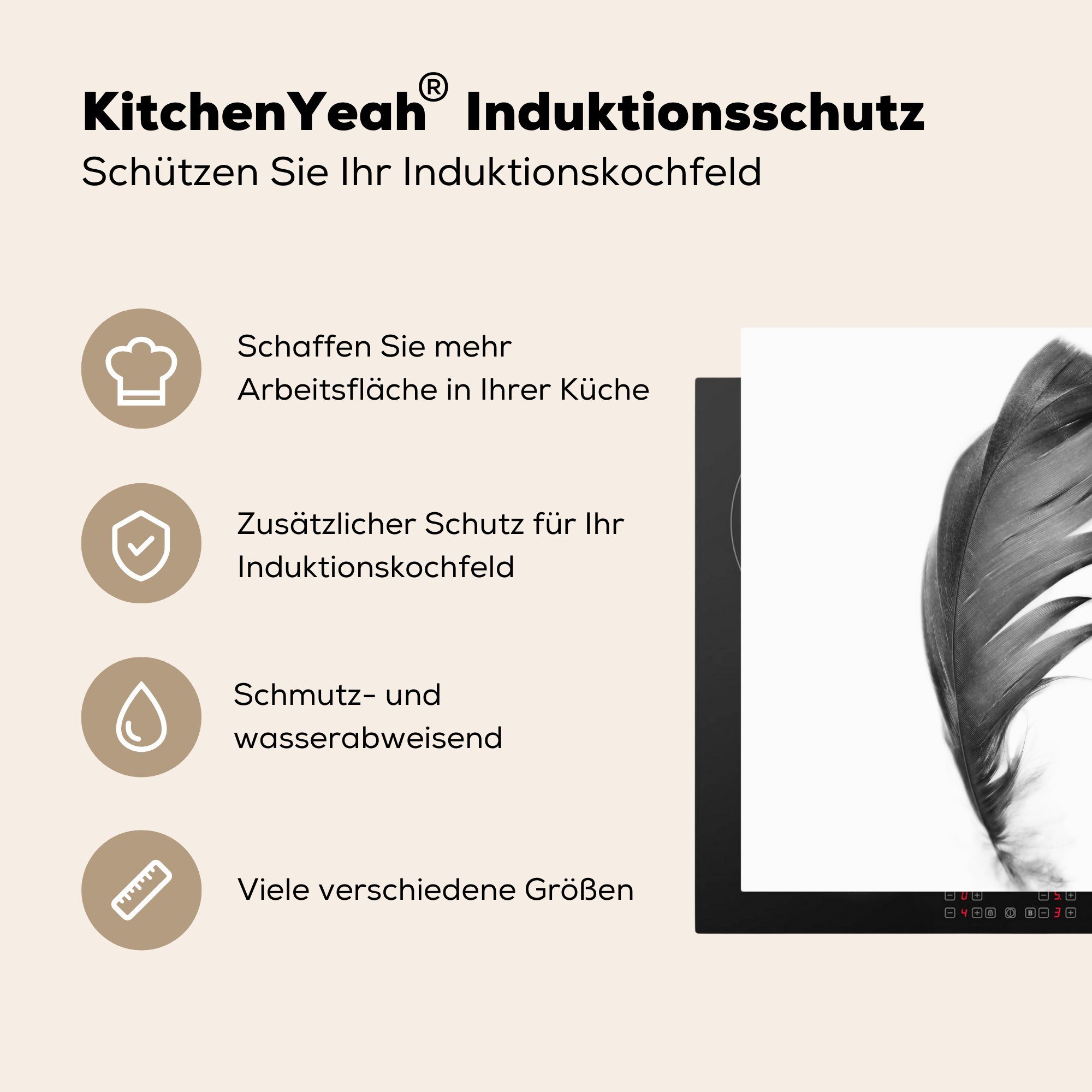 MuchoWow Herdblende-/Abdeckplatte Feder - Schwarz - Ceranfeldabdeckung, 78x78 tlg), cm, Vinyl, Weiß für küche Arbeitsplatte (1 - Natur
