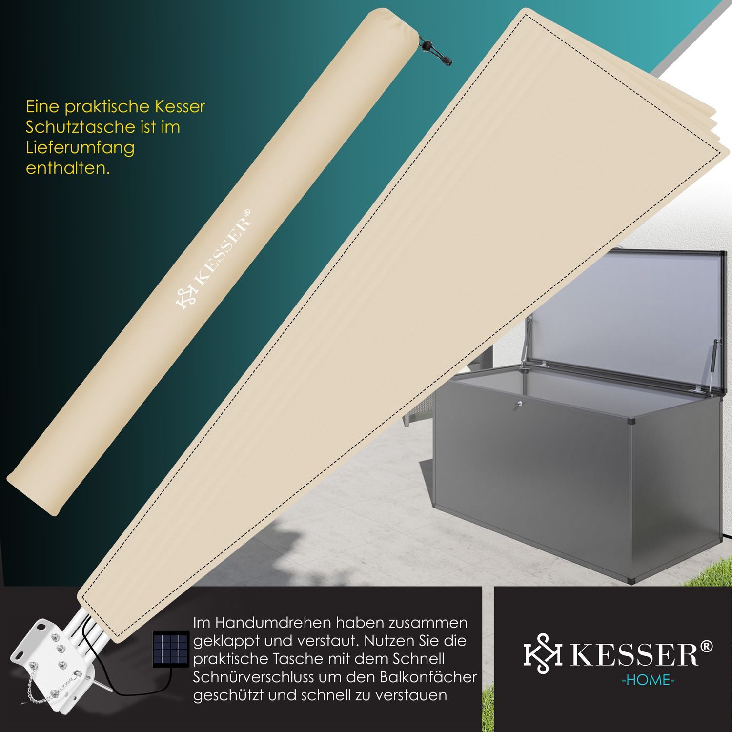 KESSER Sonnensegel, KESSER® Balkonfächer mit LED klappbar mit Wandhalterung 140x140cm