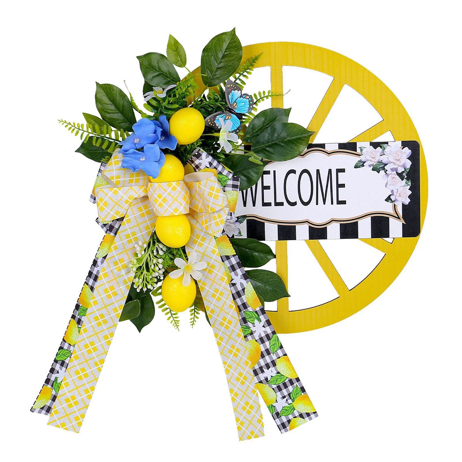 FUROKOY Dekokranz Zitronenradkranz Holzrad Kunstblume,Wandkranz oder Deko Türkranz, Schleife Willkommensrad-Türschild Türbehang