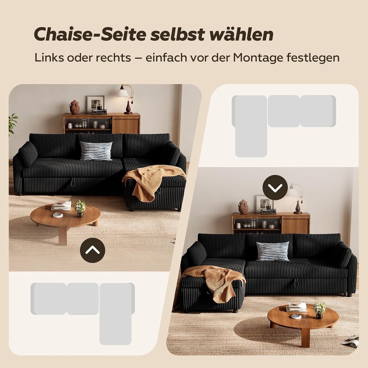 Patbrela Ecksofa mit Schlaffunktion, L-Form Ausziehbares Sofa mit Stauraum, Extra tiefe Sitzfläche; Links/Rechts montierbare Ottomane