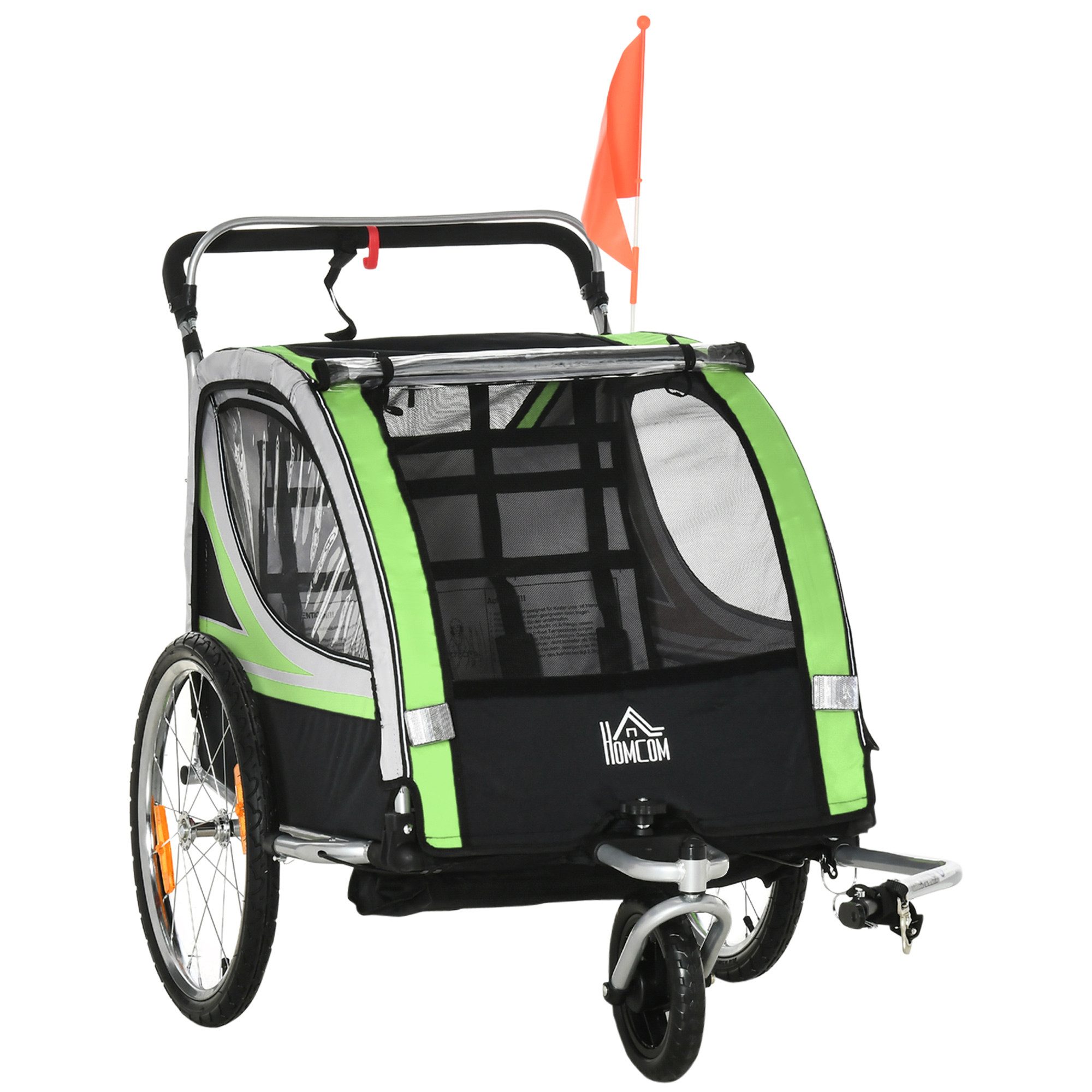 HOMCOM Fahrradkinderanhänger Kinderanhänger, Fahrradanhänger, für 2 Kinder, grün, für Garten, Balkon, Grün+Schwarz