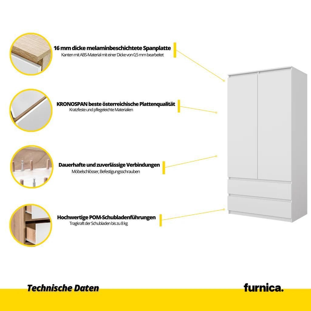 Furnica Kleiderschrank Joelle Weiß Matt, 2 Türen und 2 Schubladen H180cm B90cm T50cm – Bild 5 von 5