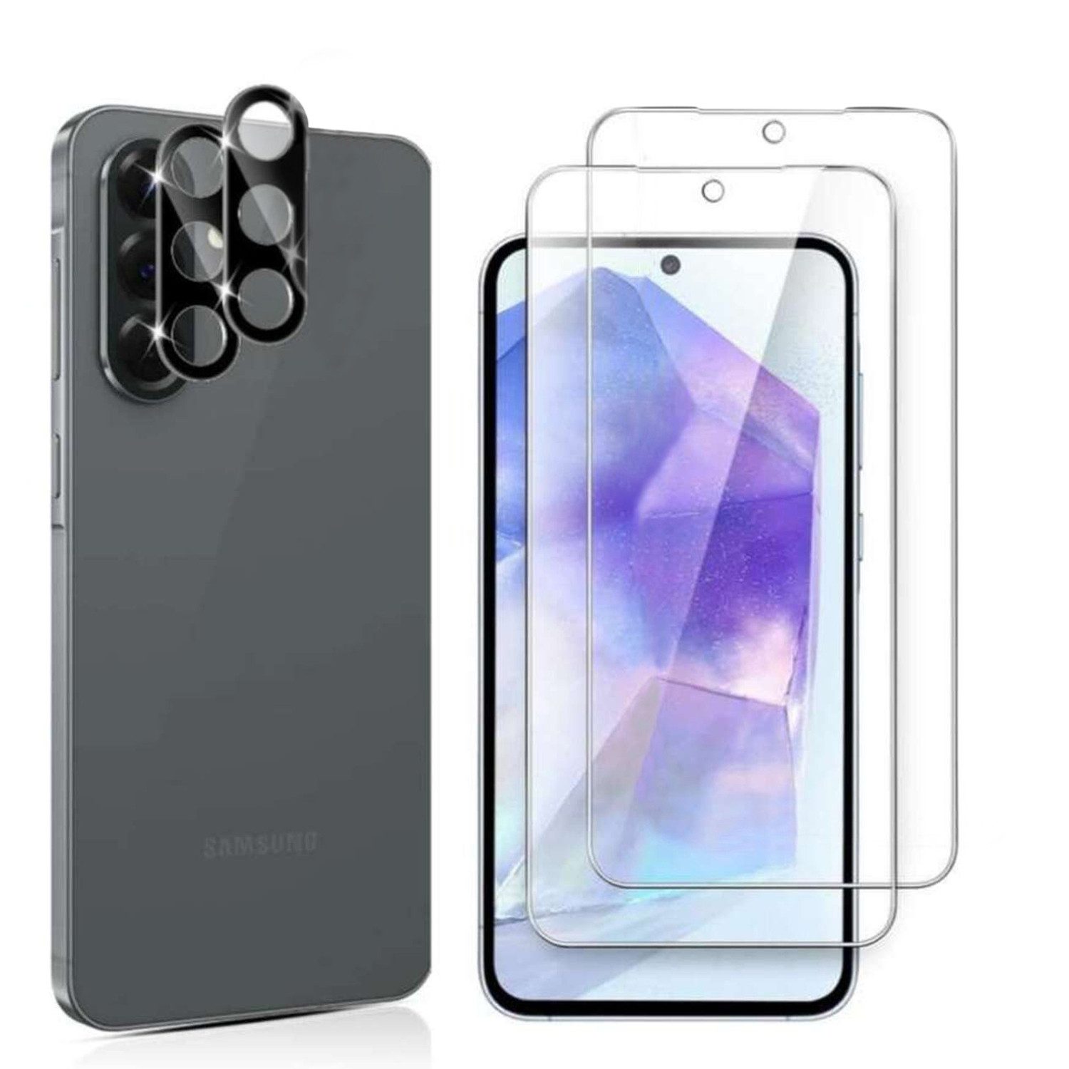 CLM-Tech Displayschutzglas 2X Schutzfolie für Samsung Galaxy A56 5G Panzerfolie 2X Kameraschutz für Samsung Galaxy A56 5G, 4er Set Kameraglas Panzerglas Displayschutz 9H Glas Folie, 4 Stück, Anti-Fingerabdruck und blasenfrei Anbringung