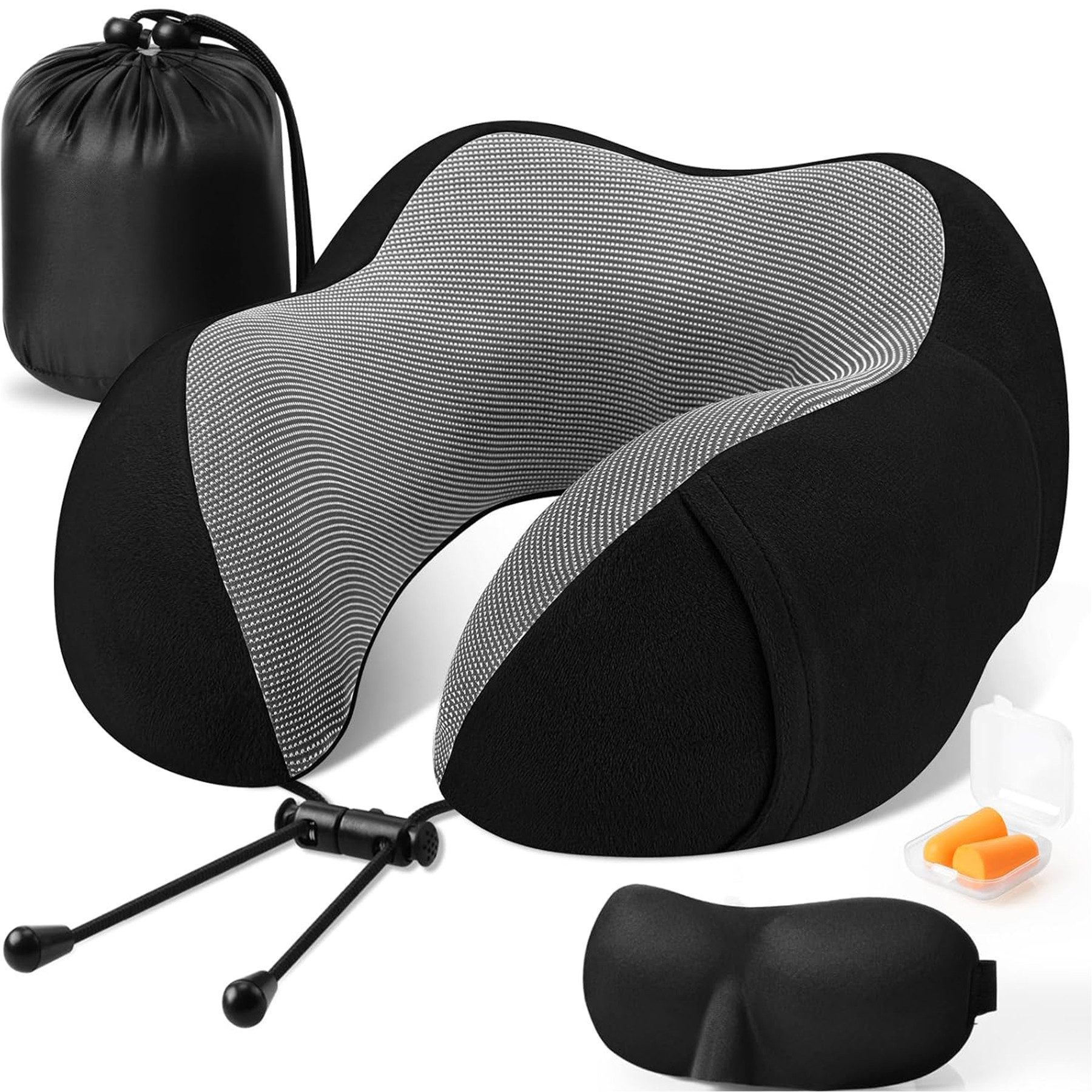 Mutig Reisekissen Nackenkissen Flugzeug, Nackenhörnchen Erwachsene, Reisekissen Memory Foam, Verstellbares Kompaktes Nackenkissen Reise, Ergonomisches Weich Atmungsaktiv, mit Ohrstöpseln, Augenmaske,Tragetasche