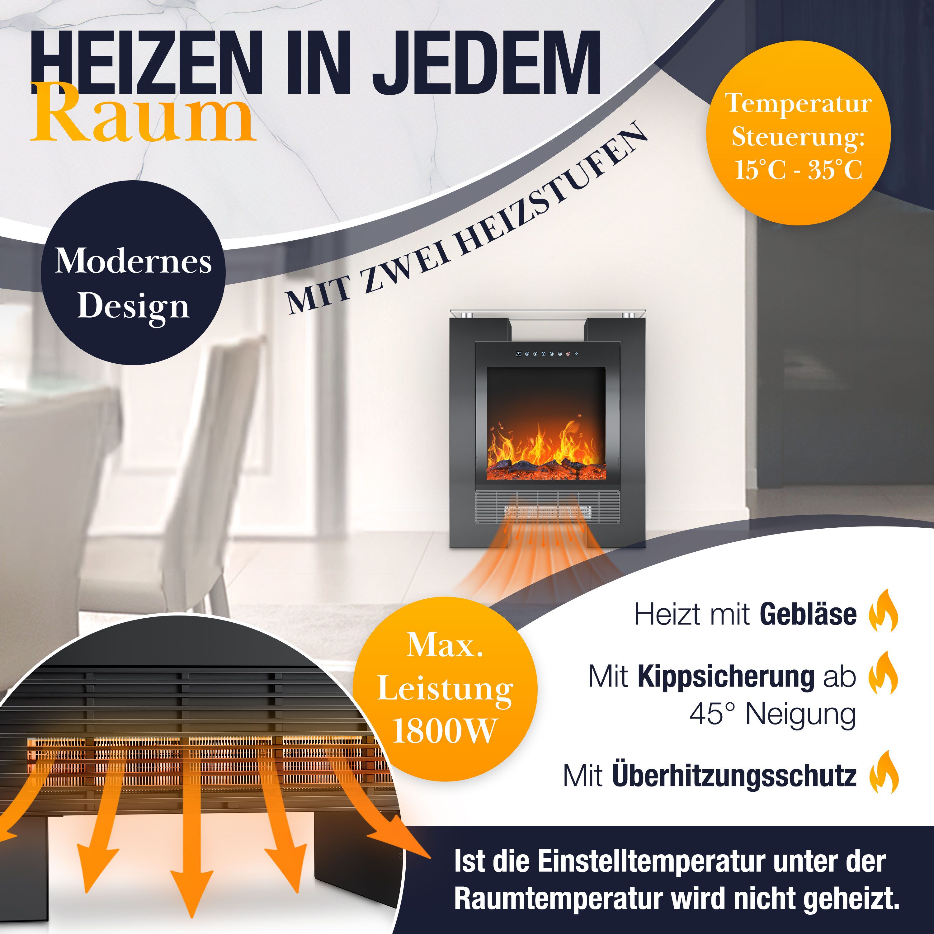 KESSER Elektrokamin LED Kamin mit Heizung & Thermostat Flammeneffekt per App Fernbedienung, Heizlüfter 15-35°C, Standkamin mit realistischem Feuer, Timer & WLAN – Bild 4 von 5