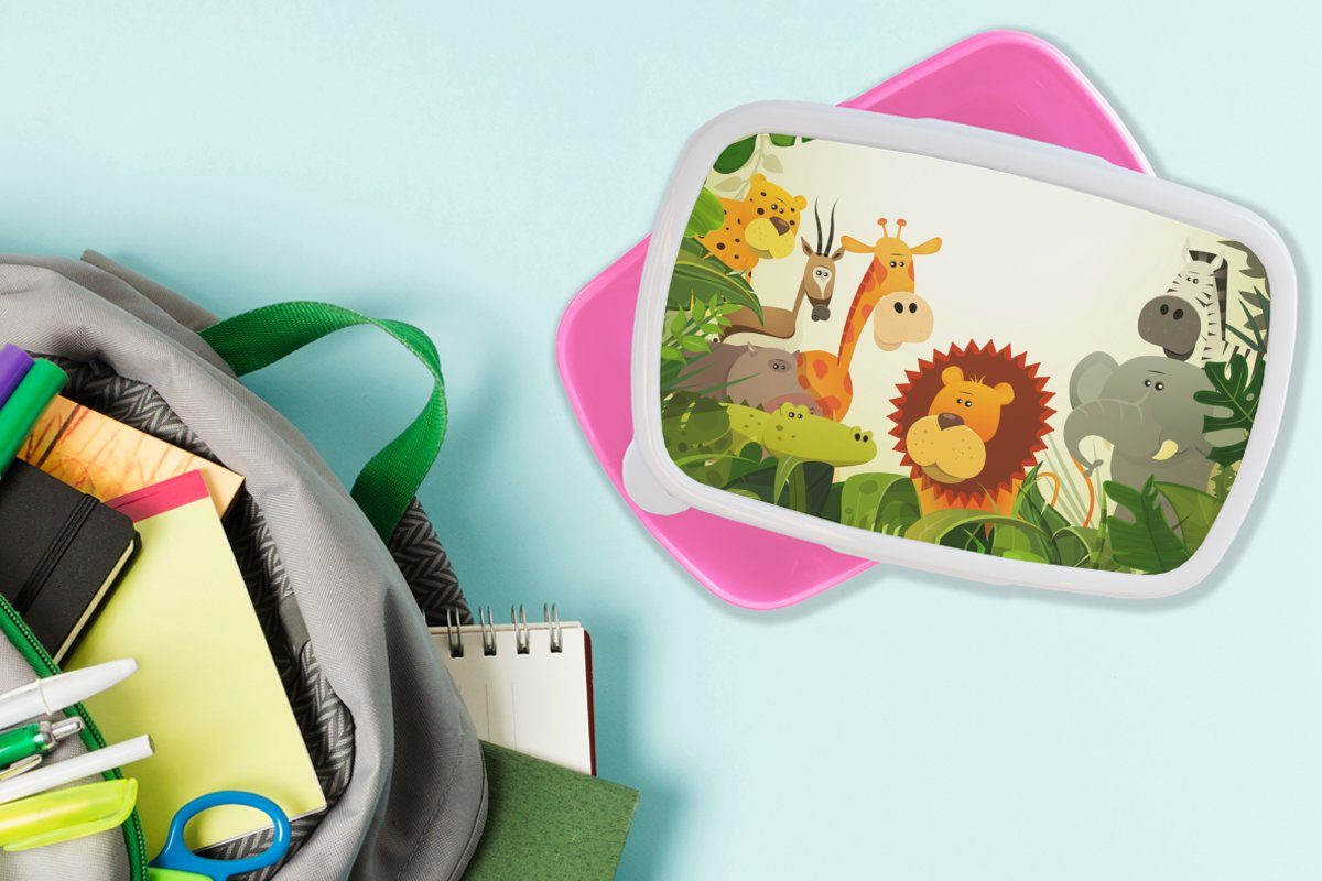 MuchoWow Lunchbox Dschungel - Schlange Jungen Snackbox, Baby Kunststoff - Pflanzen für - Kunststoff, Mädchen, - -, Kinder, rosa - (2-tlg), Brotdose Mädchen Erwachsene, - Brotbox Löwe