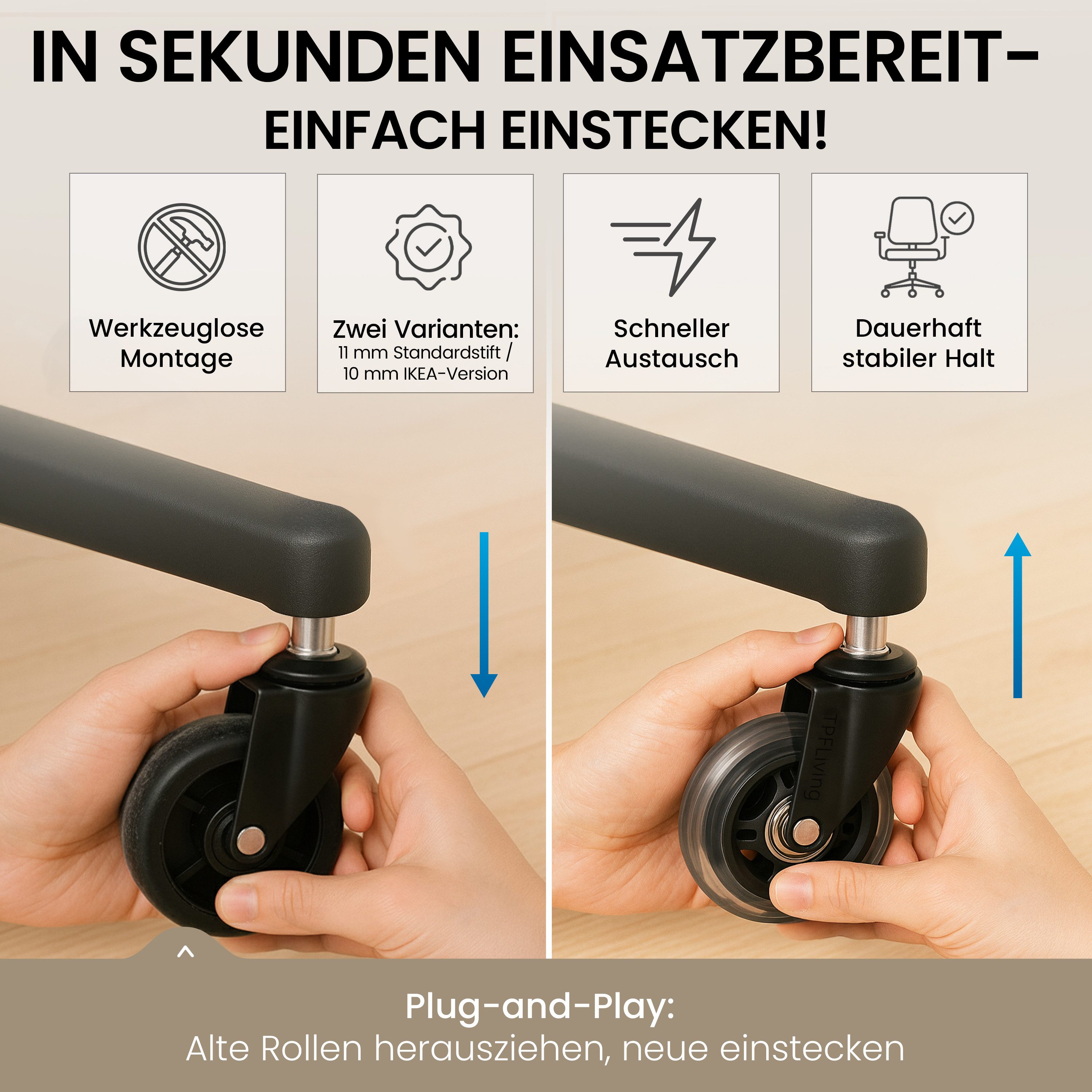 TPFLiving Stuhlrolle TPFLiving Bürostuhlrollen - Stuhlrollen Premium - 10 Jahre Garantie, (5-St., 5er Set Rollen für Bürostuhl 11x22mm - Invictus ProGlide trans – Bild 5 von 5