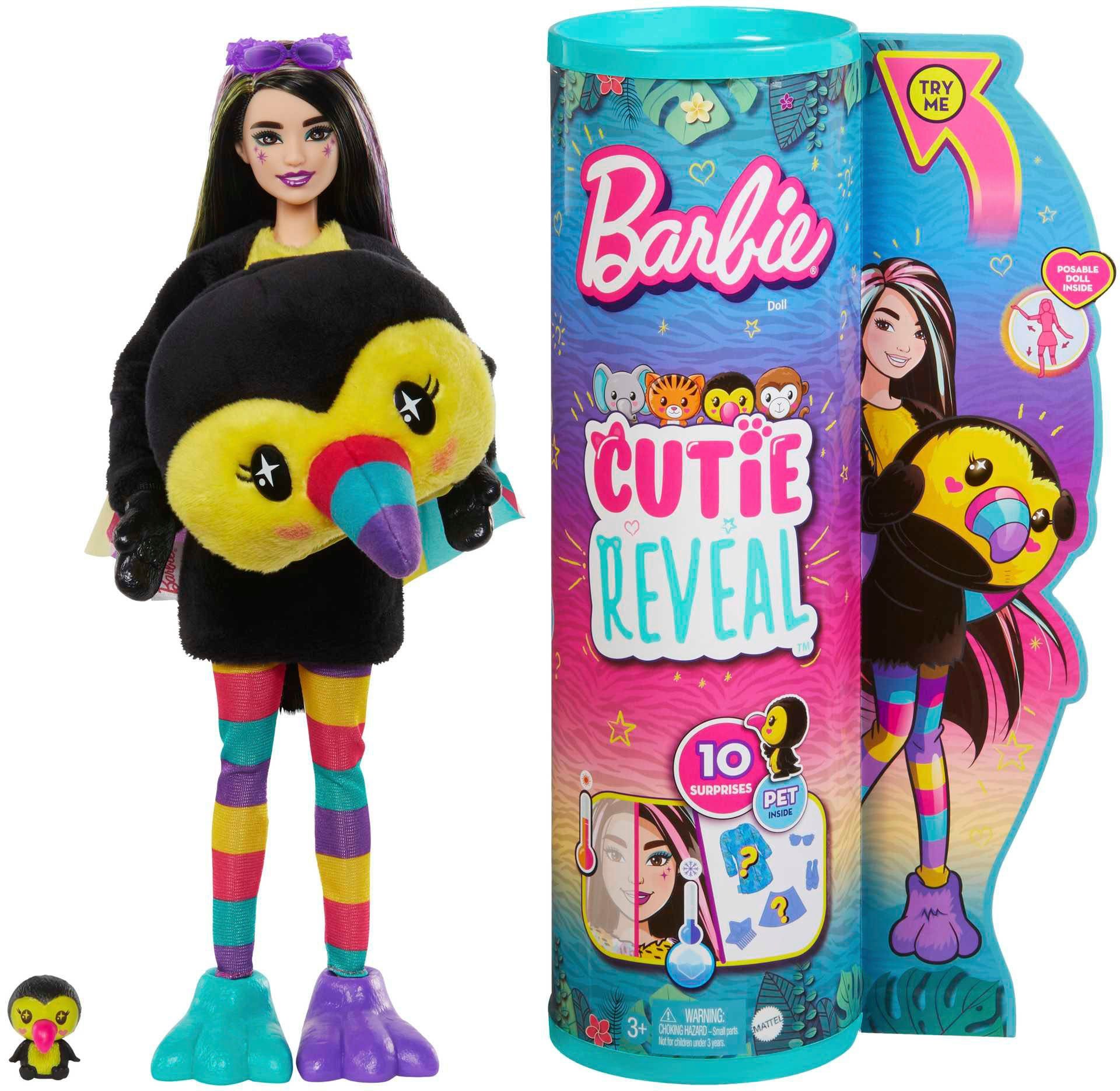 Barbie Anziehpuppe Cutie Reveal, im Tukan-Kostüm mit Farbwechsel (Dschungel-Serie), inklusive Accessoires