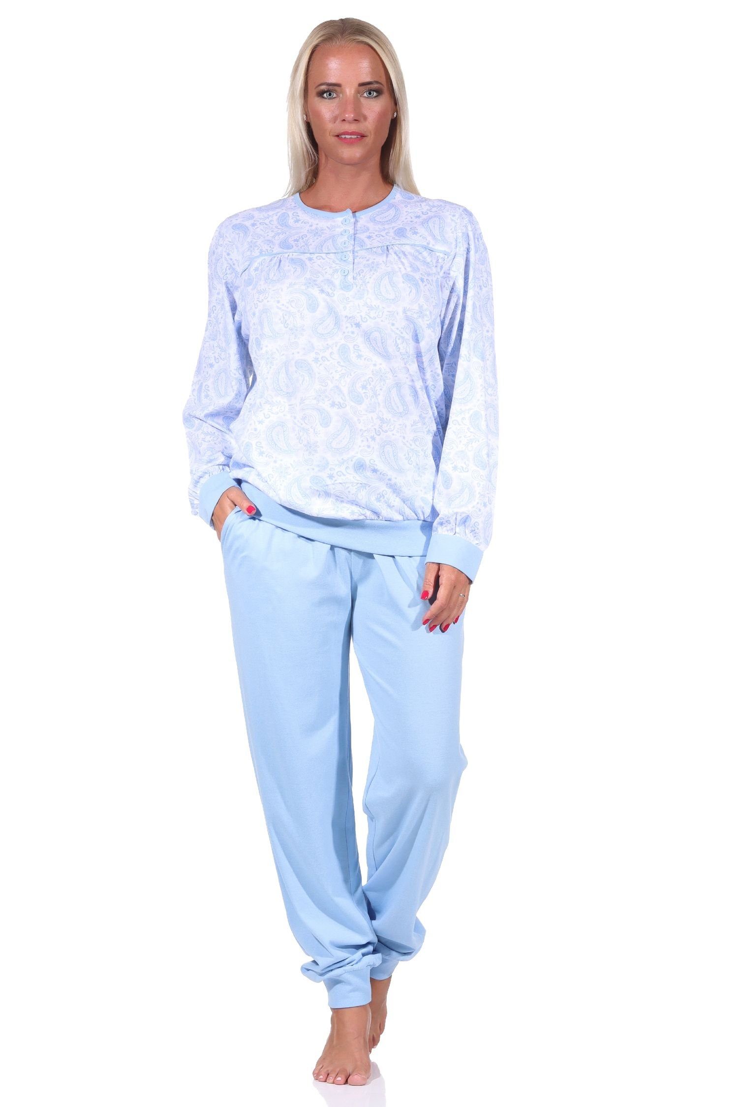 Normann Pyjama Damen Schlafanzug mit Bündchen + Knopfleiste am Hals Paisley Design hellblau