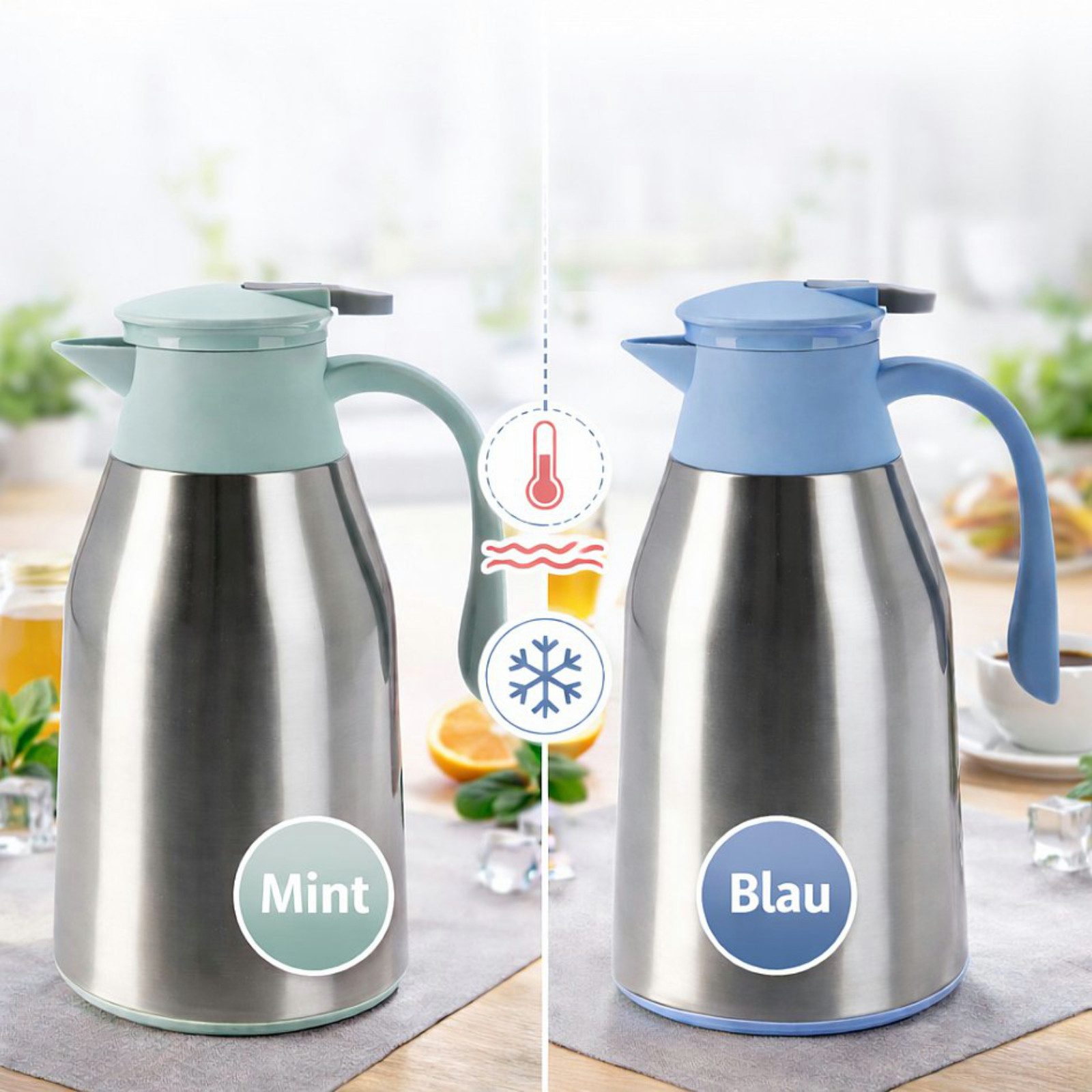 Koopman Kaffeekanne Thermoskanne Kaffeekanne Teekanne 1L Edelstahl, (Stück, 1-St., Packung), Blau / Silber, Druckverschluss, 25x14cm, Pflegeleicht, bis 6h Warm