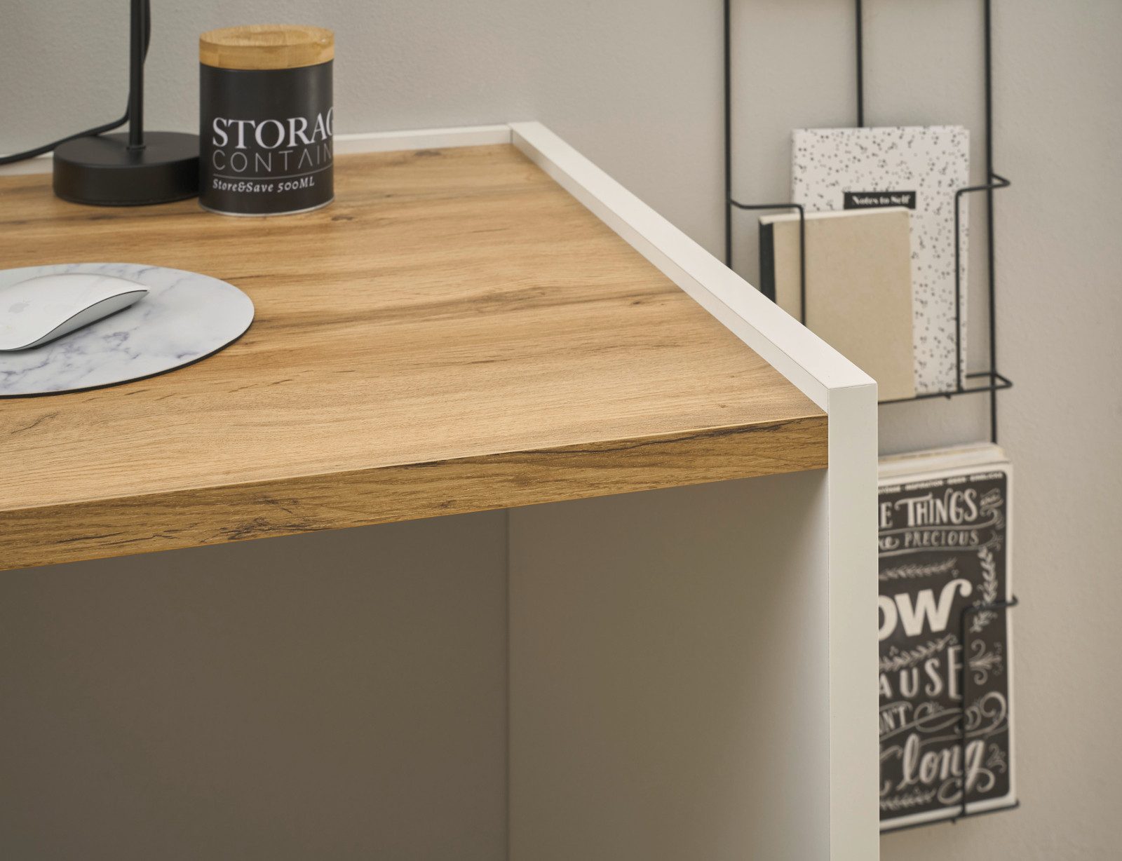 Furn.Design Schreibtisch Center (Set inklusive Container, 2-teilig, weiß und Wotan Eiche), Melaminbeschichtung