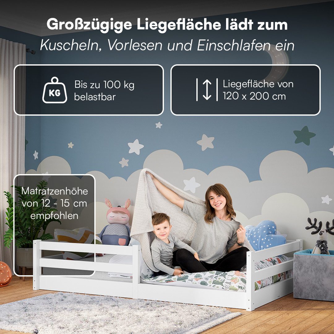 Bellabino Kinderbett Iskri mit Rausfallschutz und Lattenrost (weiß, mit Matratze), Bodenbett verfügbar in 90/120/140x200 – Bild 5 von 5