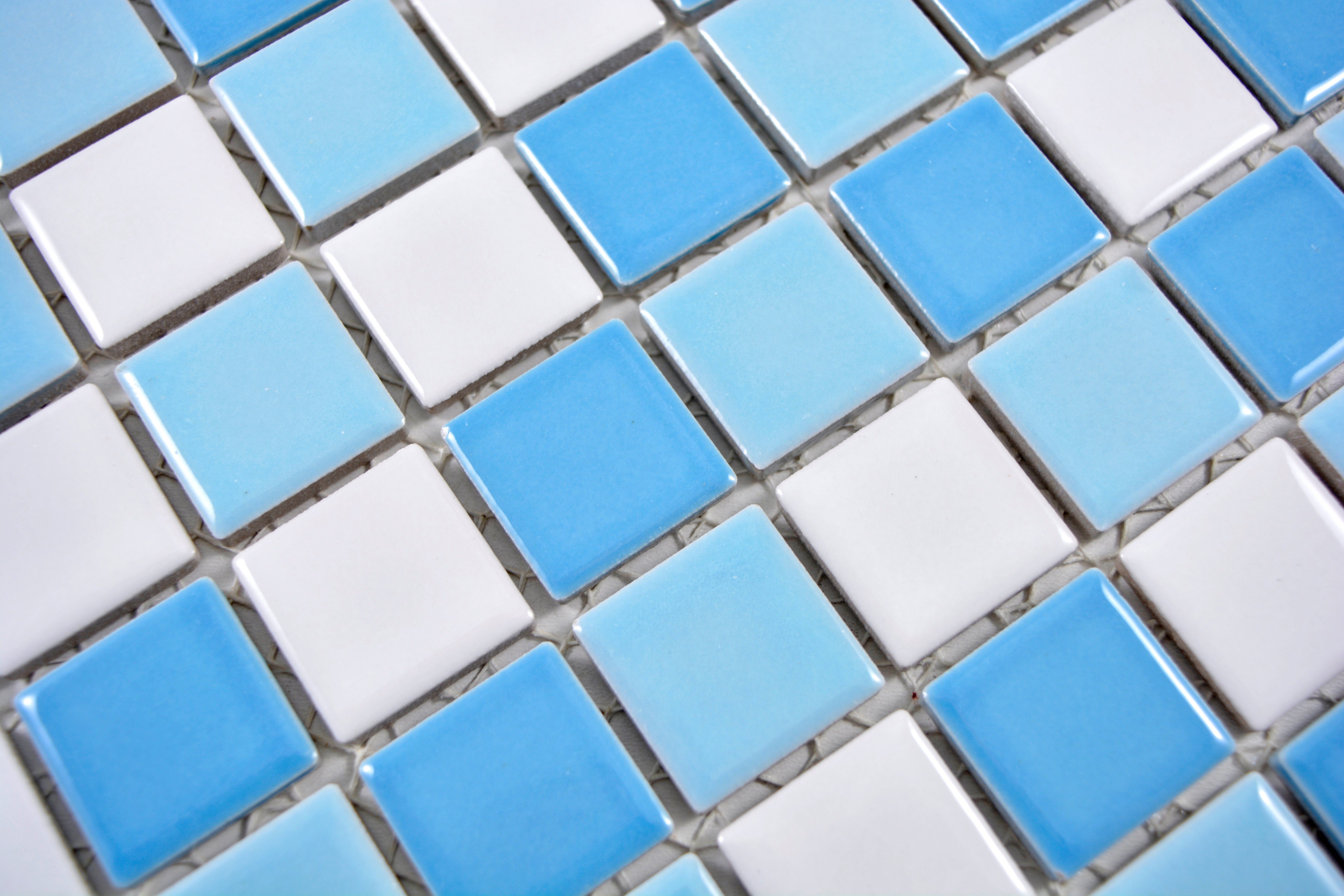 Mosani Mosaikfliesen Keramik Mosaik Schwimmbadmosaik Fliese blau weiss glänzend Duschwand