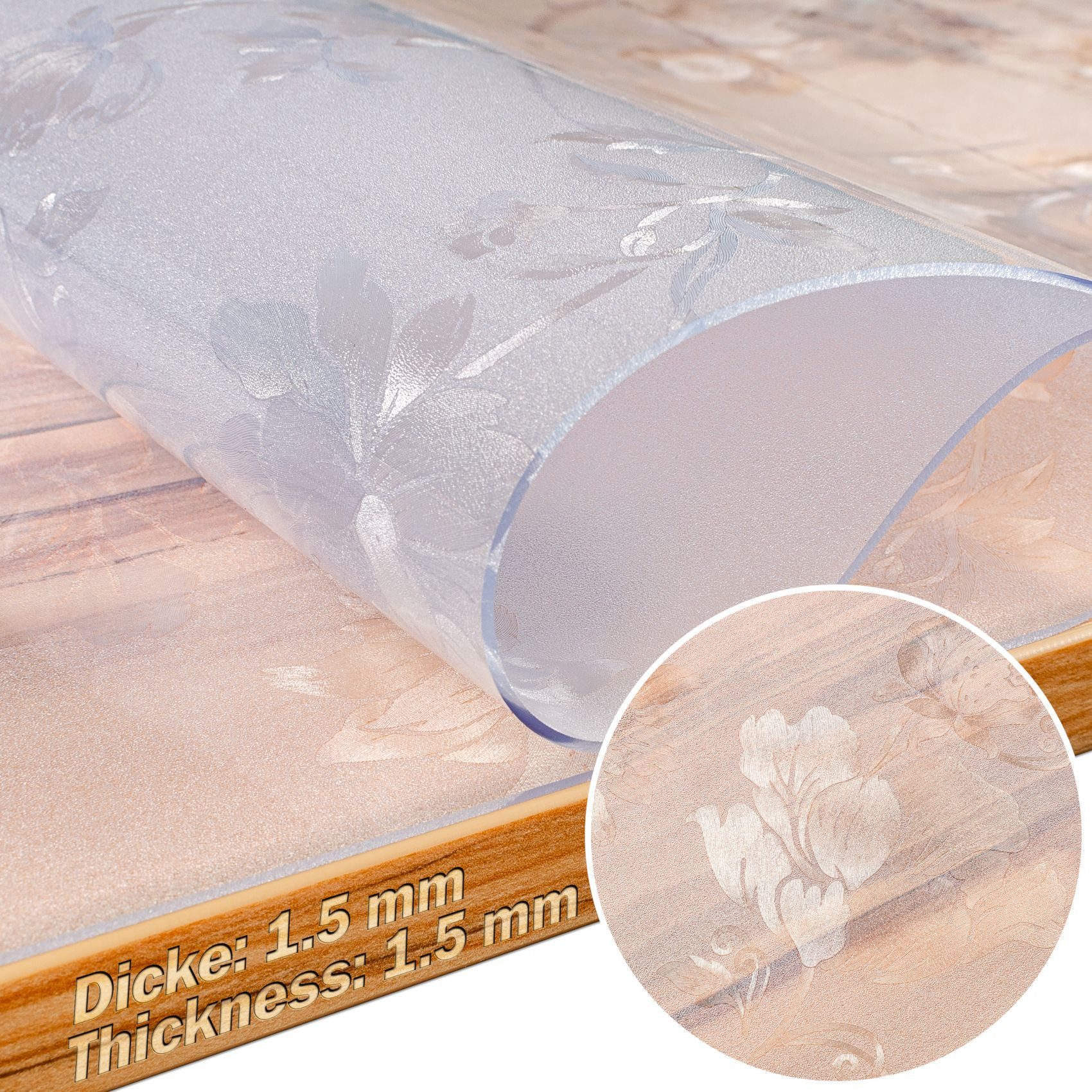 ANRO Tischdecke FLOKY Rose mattiert einseitig 1,5mm Tisch Schutzfolie Geruchsneutral (Rolle 1-tlg, eine Folie), Pflegeleicht 90x100cm Prägung mit Motiv Weiß – Bild 3 von 5