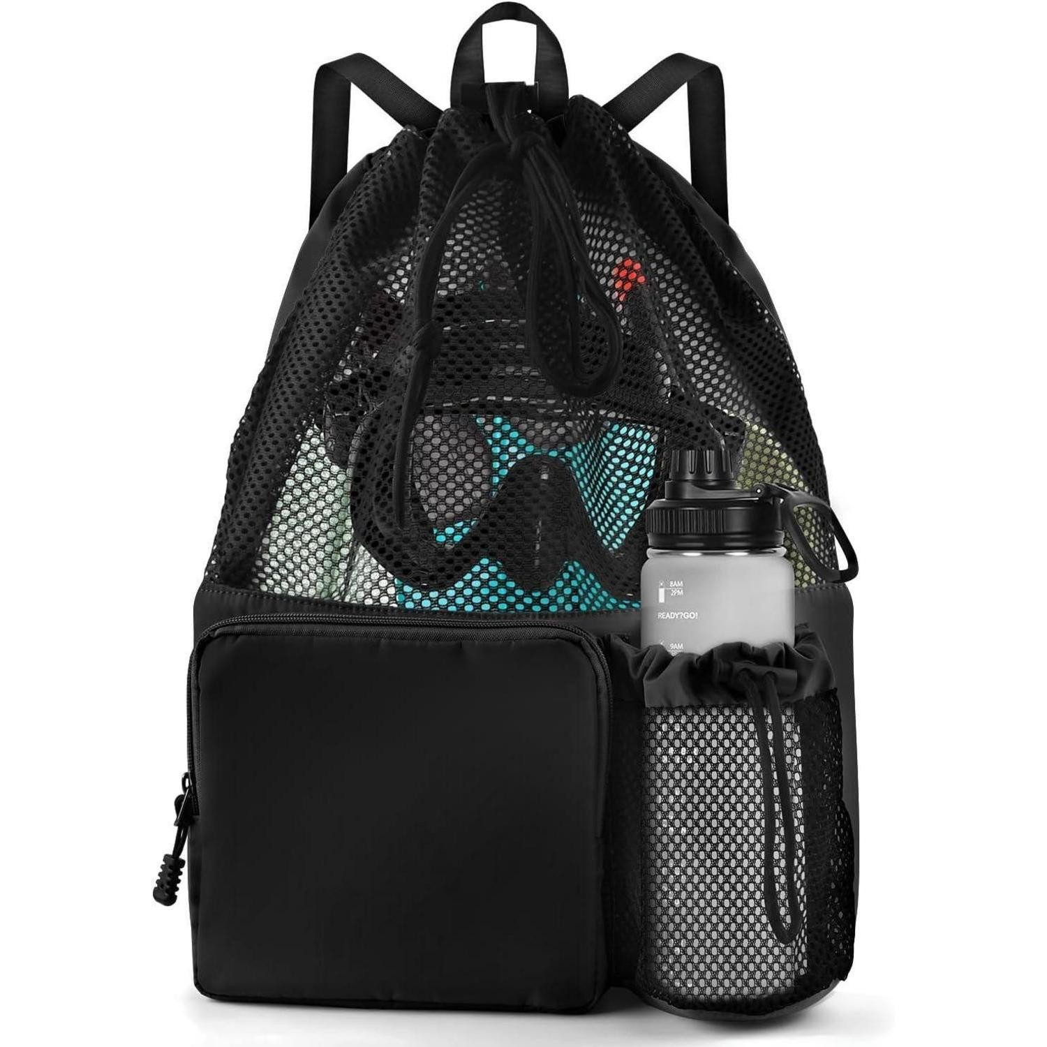 LuxusKollektion Sporttasche Schwimmtasche Mesh Rucksack Kordelzug Gymsack Herren Damen Schwarz