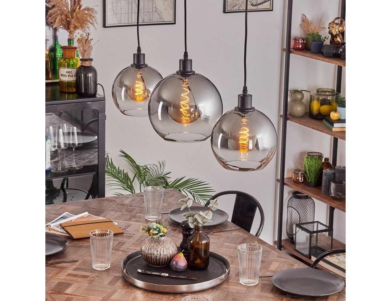 hofstein Hängeleuchte Hängelampe aus Metall/Glas in Schwarz/Chromfarben/Rauchfarben, ohne Leuchtmittel, Leuchte im Industrial-Design (Schirme 20, 25 cm), max. 120cm, 3x E27