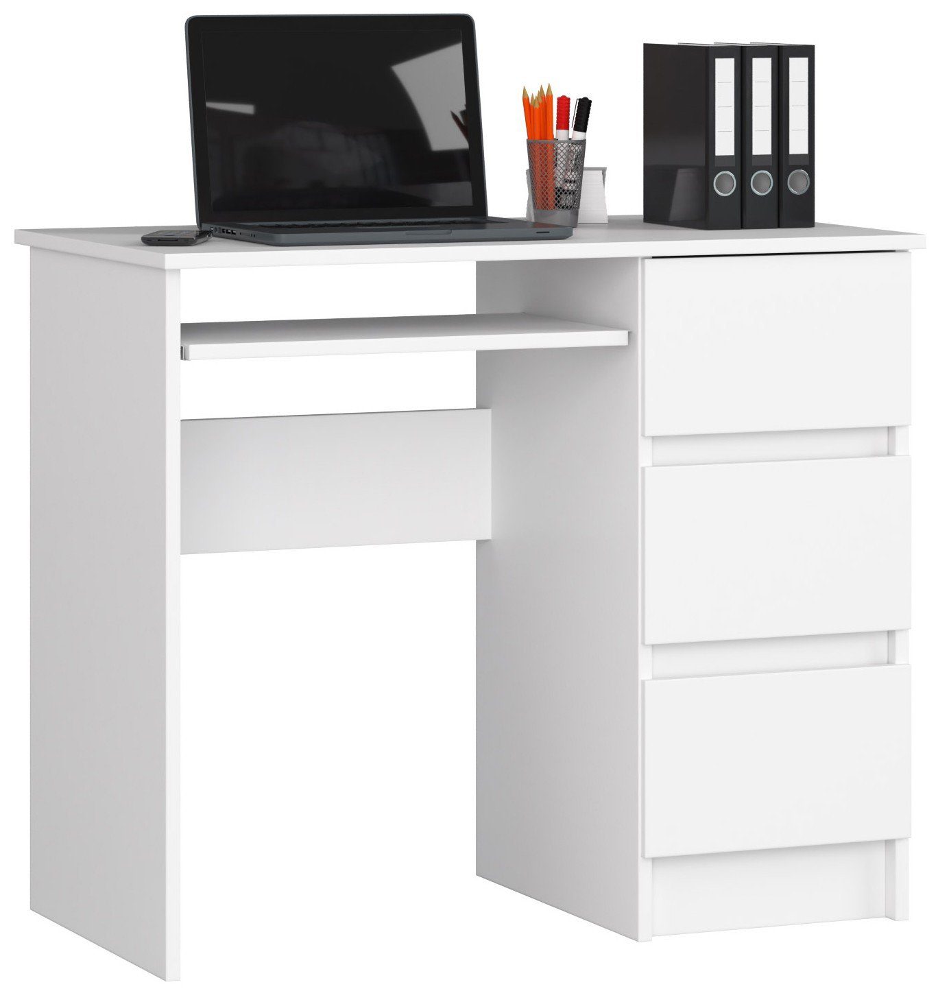 Home Collective Computertisch Schreibtisch Bürotisch Gaming Tisch mit ausziehbarer Tastaturablage, mit 3 Schubladen rechts, 90 x 50 x 77 cm, weiß