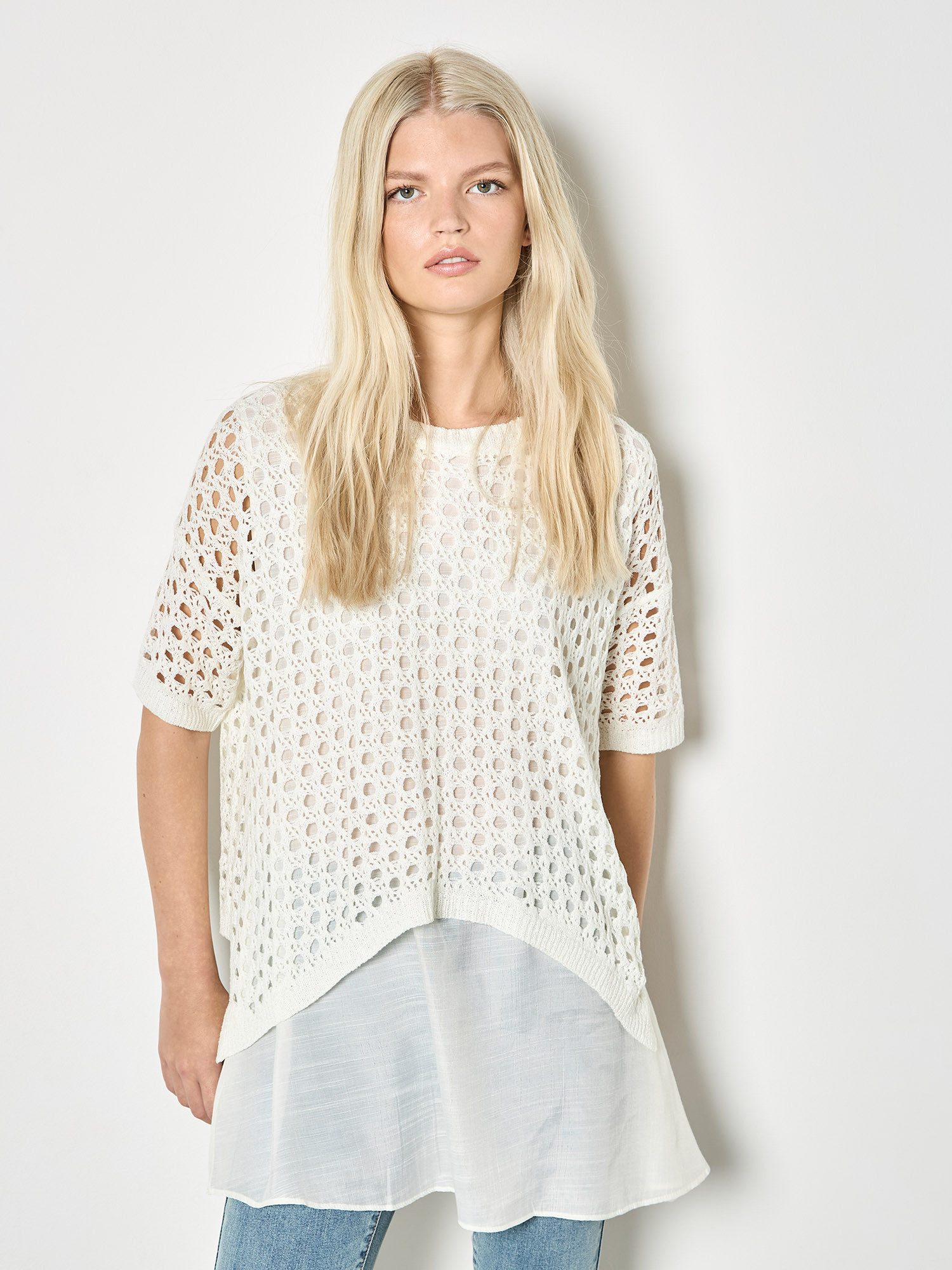 Apricot Chiffontunika Glänzendes Mesh-Tunika-Oberteil mit Häkelverzierung günstig online kaufen