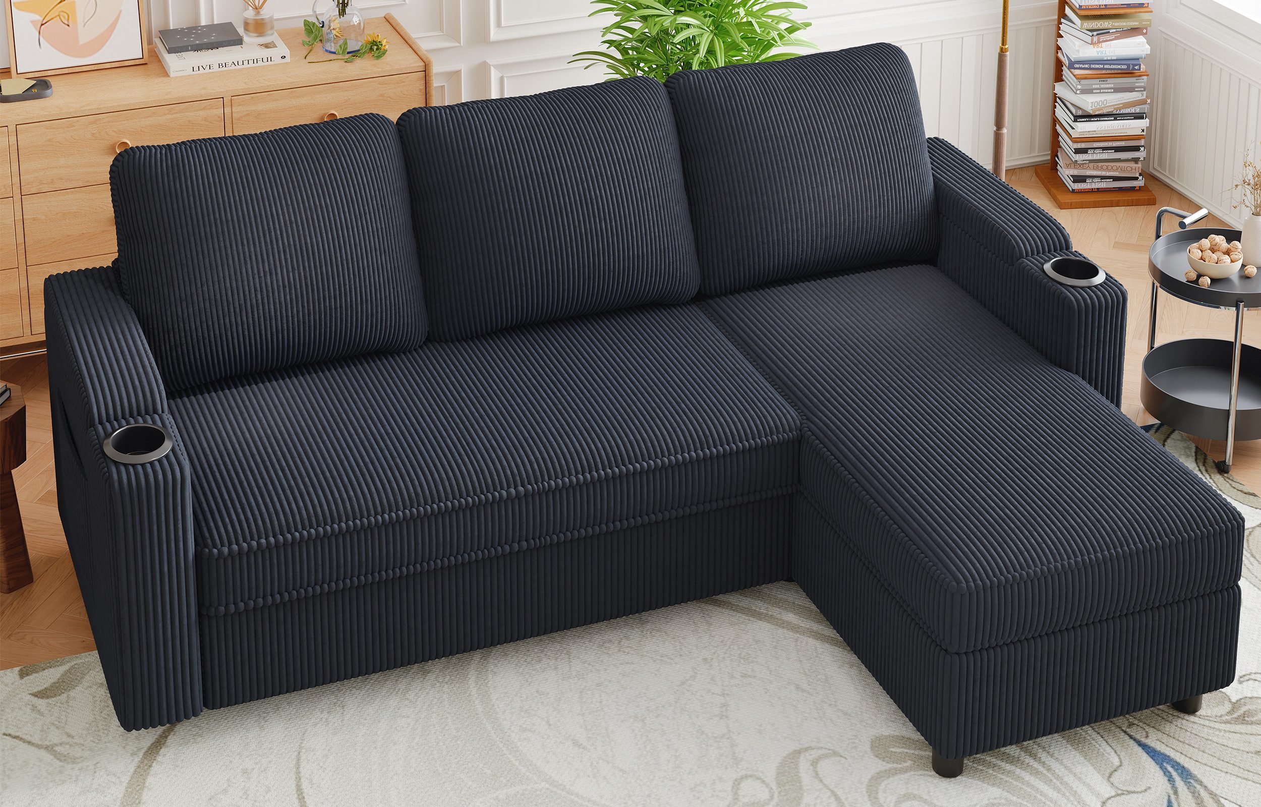HOMALL Ecksofa Multifunktionaler Stauraum Ausziehbares L-förmiges Schlafsofa, Integrierter spritzwassergeschützter Getränkehalter, Seitentaschen, internes Staufach