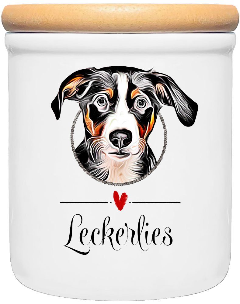 Cadouri Vorratsdose APPENZELLER SENNENHUND - Leckerlidose Hund - für Hundekekse, Keramik, (Keramikdose mit Holzdeckel, 2-tlg., 1x Keramikdose mit Holzdeckel), Hundekeksdose, handgefertigt in Deutschland, für Hundebesitzer, 400 ml