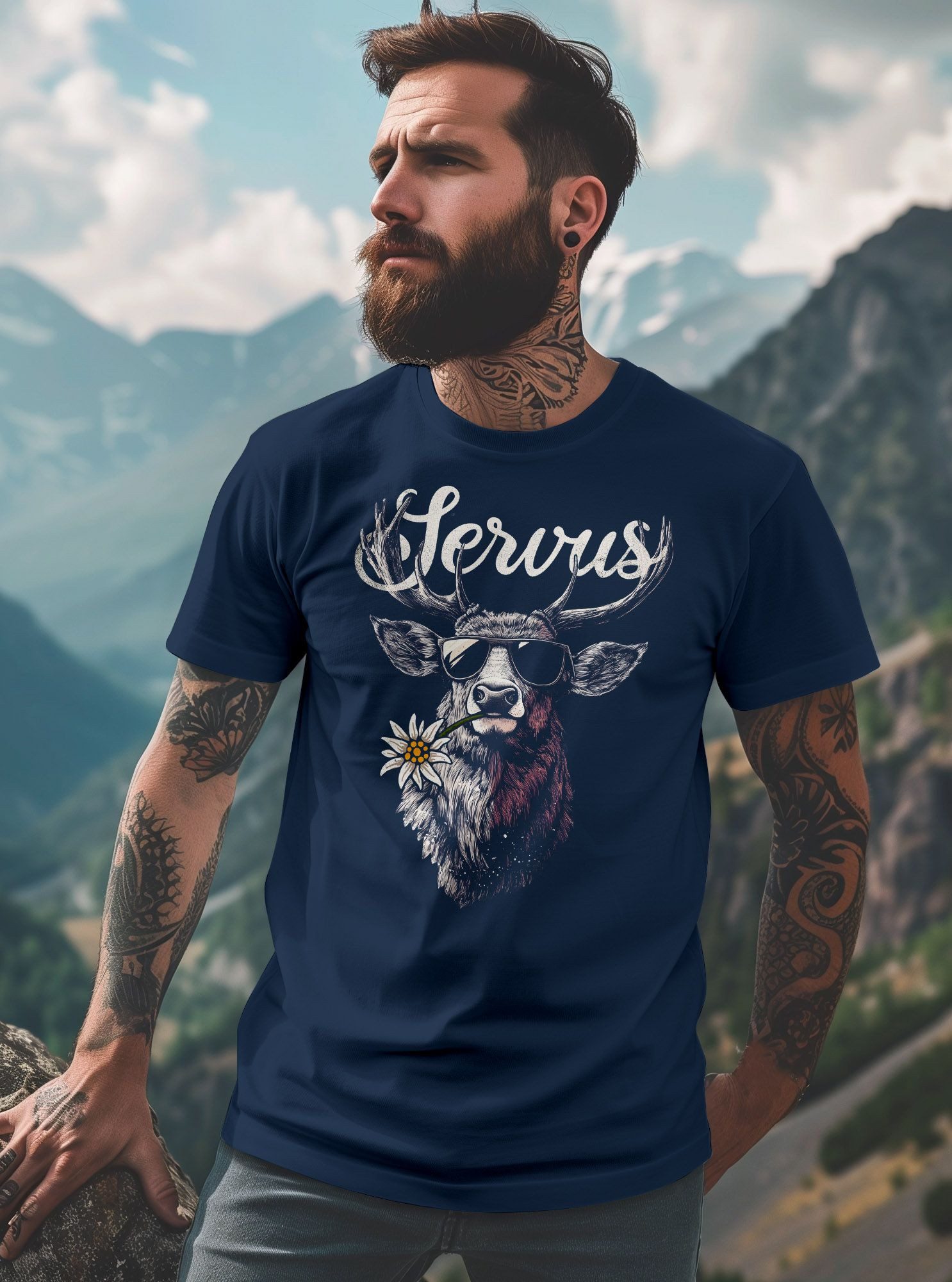 Neverless Print-Shirt Herren T-Shirt Hirsch Tracht Modern Lustig Volksfest Bayern Servus mit Print – Bild 4 von 5