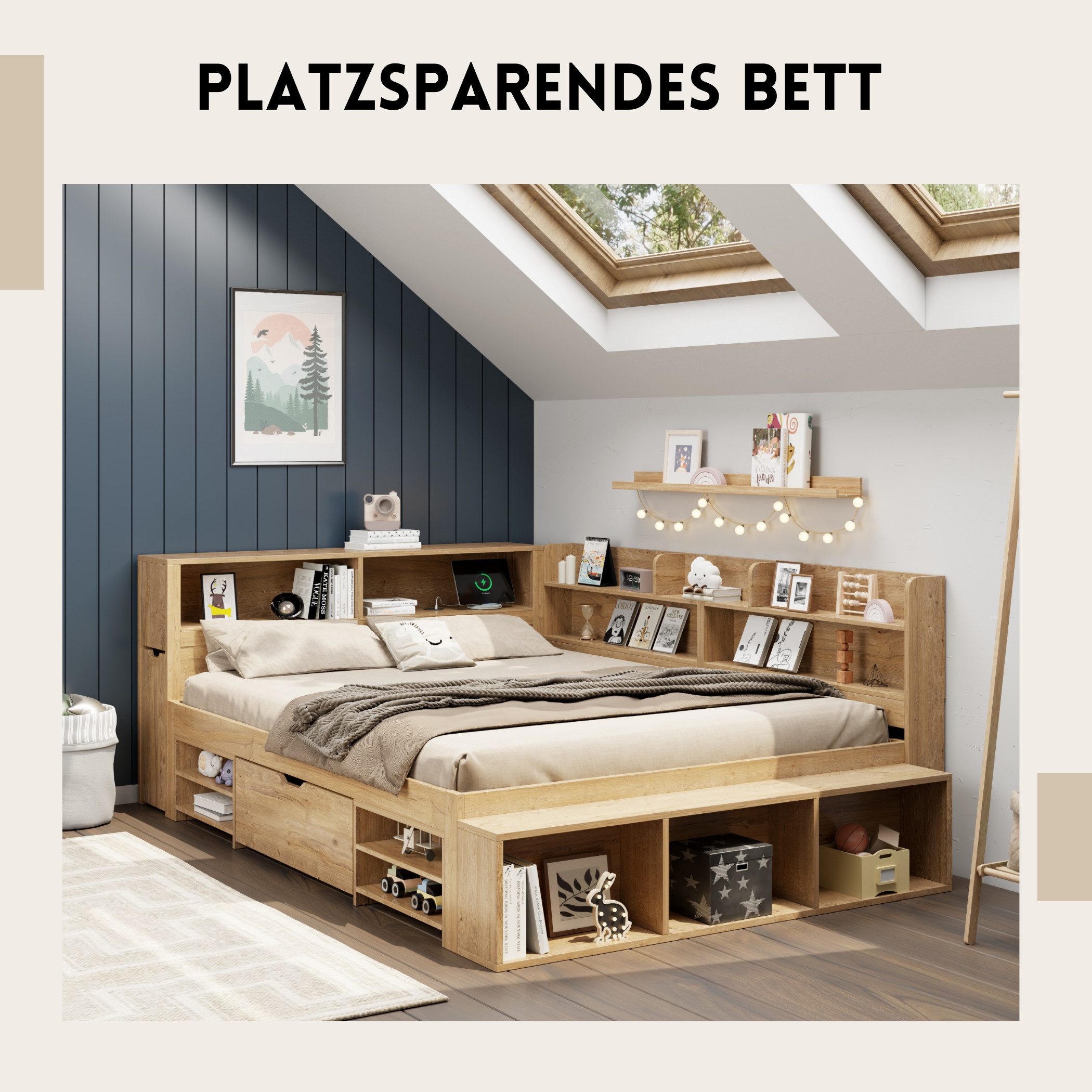 SeedWave Holzbett Tagesbett mit USB- / Kabelloser-Ladefunktion, Nachttisch, 90/140×200cm, Stauraumbett mit 1× Rollenschublade, Staufächern – Bild 2 von 5