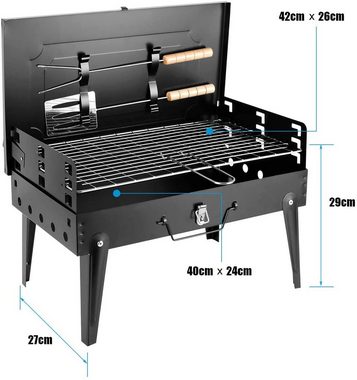 SunJas Holzkohlegrill CA-07, Tragbare Grill, 2tlg Grillbesteck, BxTxH: 42 x 27 x 29 cm Metal-Campinggrill, Holzkohle Klappgrill mit Deckel, Kohle BBQ Barbeque Camping Picknickgrill, Terrasse Tragbar Grill, Garten Tischgrill