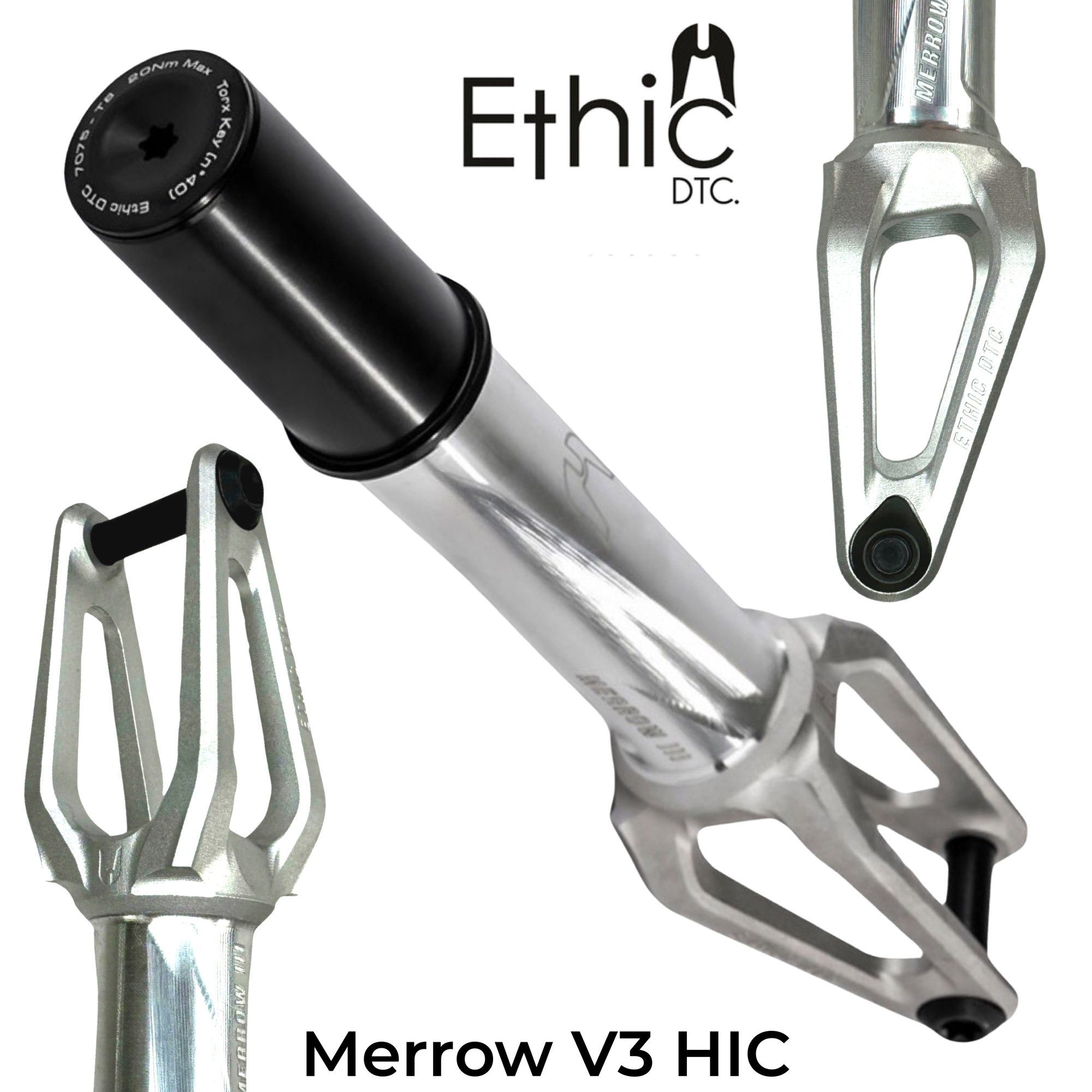 Ethic DTC Stuntscooter Ethic DTC Merrow V3 Stunt-Scooter Gabel HIC 222g Raw Silber
