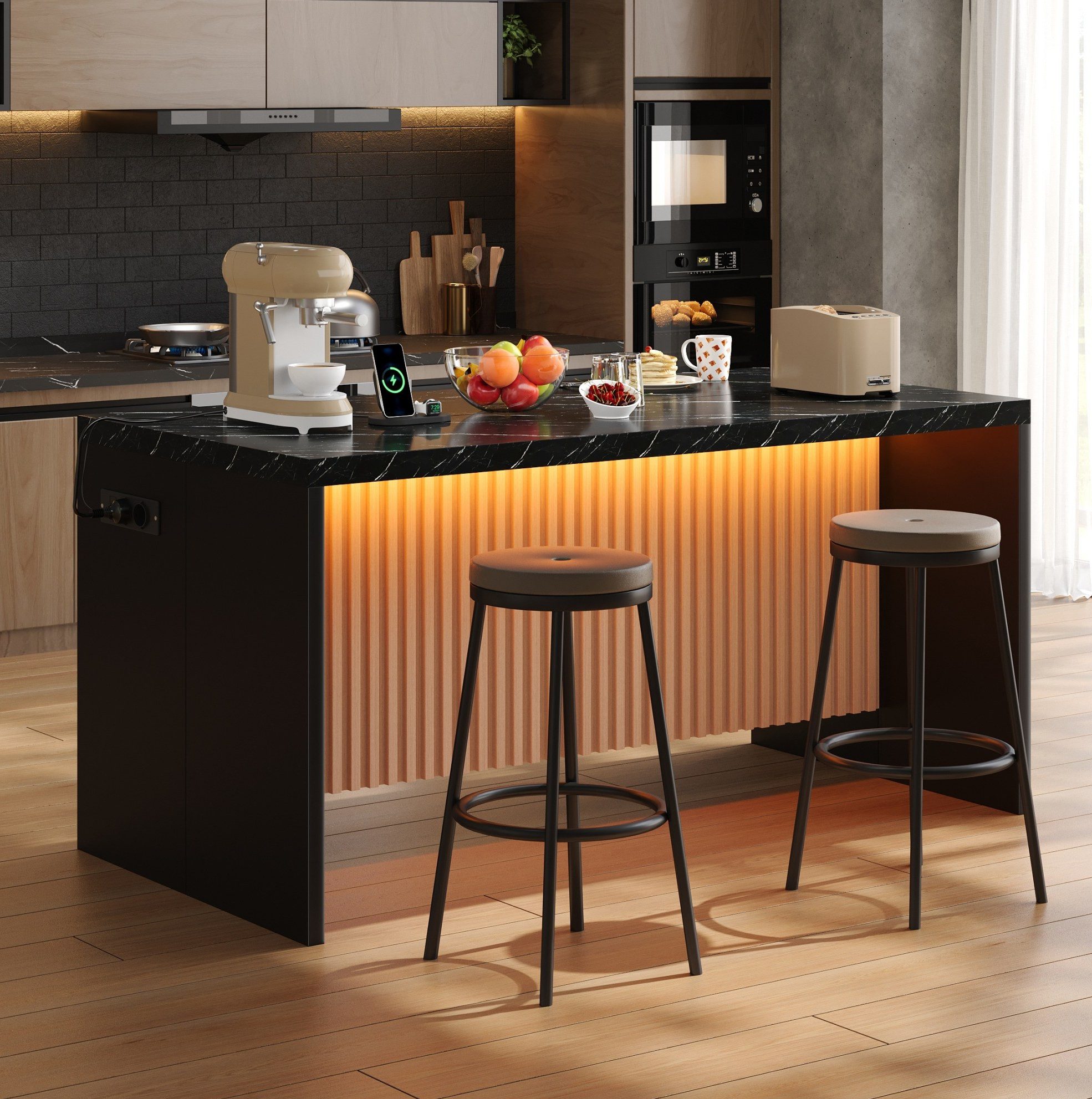 OKWISH Kücheninsel Küchenmöbel mit 2 Steckdosen und 2 USB Anschlüssen, (Arbeitsplatte 40 mm im Industrial Stil für moderne Küche), 155×80×90 cm Küchenblock mit schwarzer Marmorfront und LED