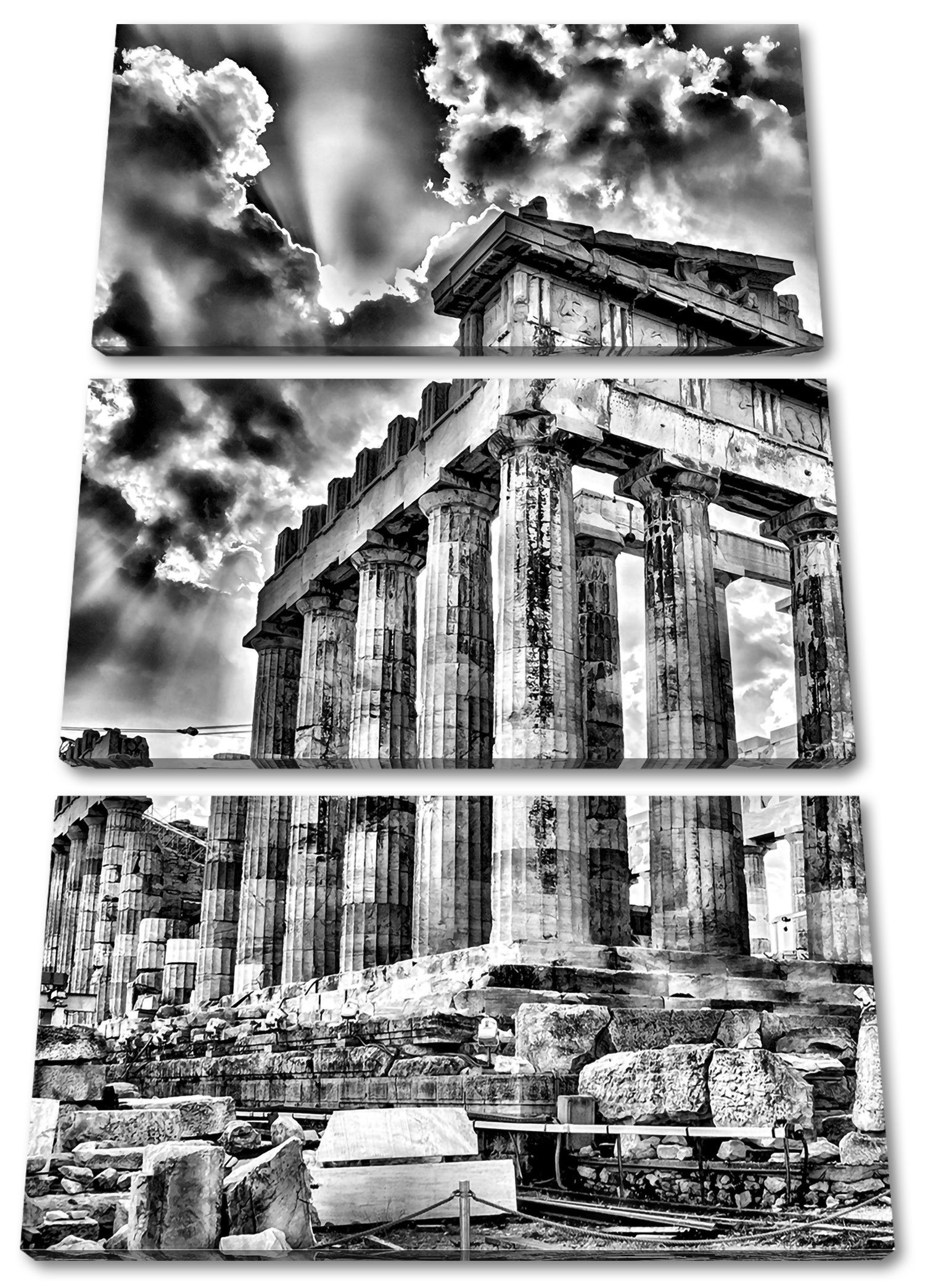 Pixxprint Leinwandbild Antike Säulen Griechenland, Antike Säulen Griechenland 3Teiler (120x80cm) (1 St), Leinwandbild fertig bespannt, inkl. Zackenaufhänger