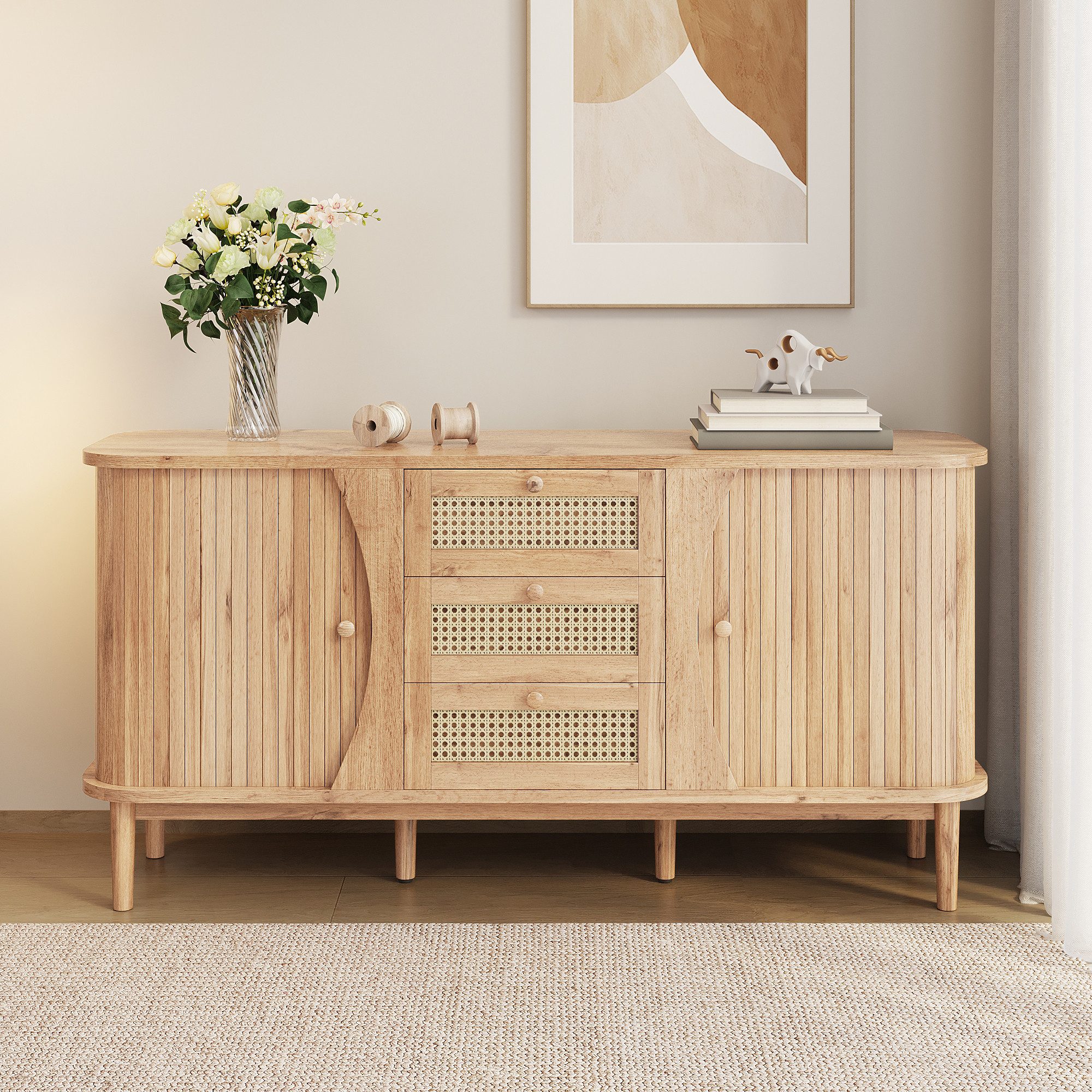 MODFU Sideboard mit Massivholzbeinen (Wohnzimmerschrank, 1 St., abgerundete günstig online kaufen