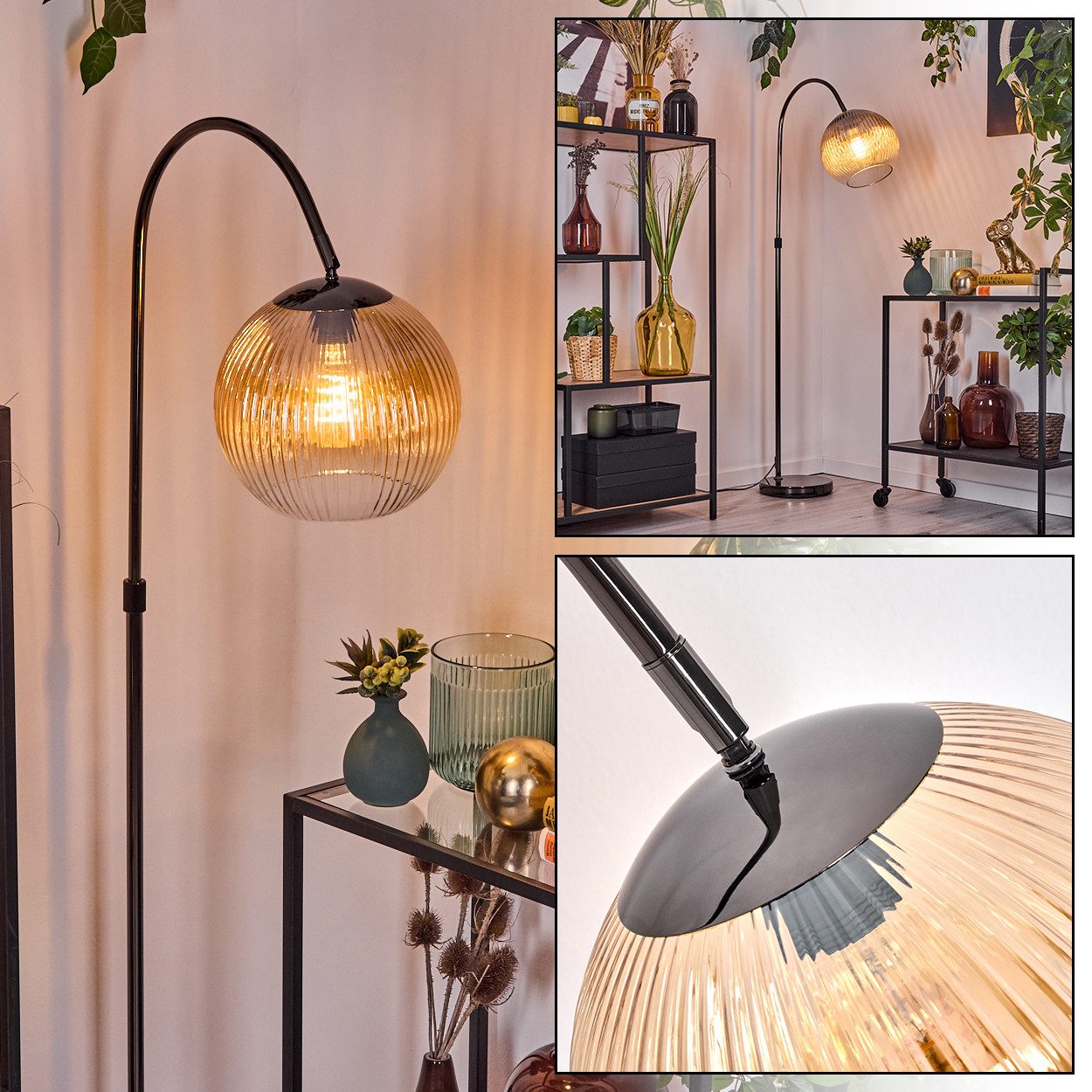 Stehlampe Stehlampe aus Metall/Riffelglas in Schwarz/Chrom/Bernstein/Klar