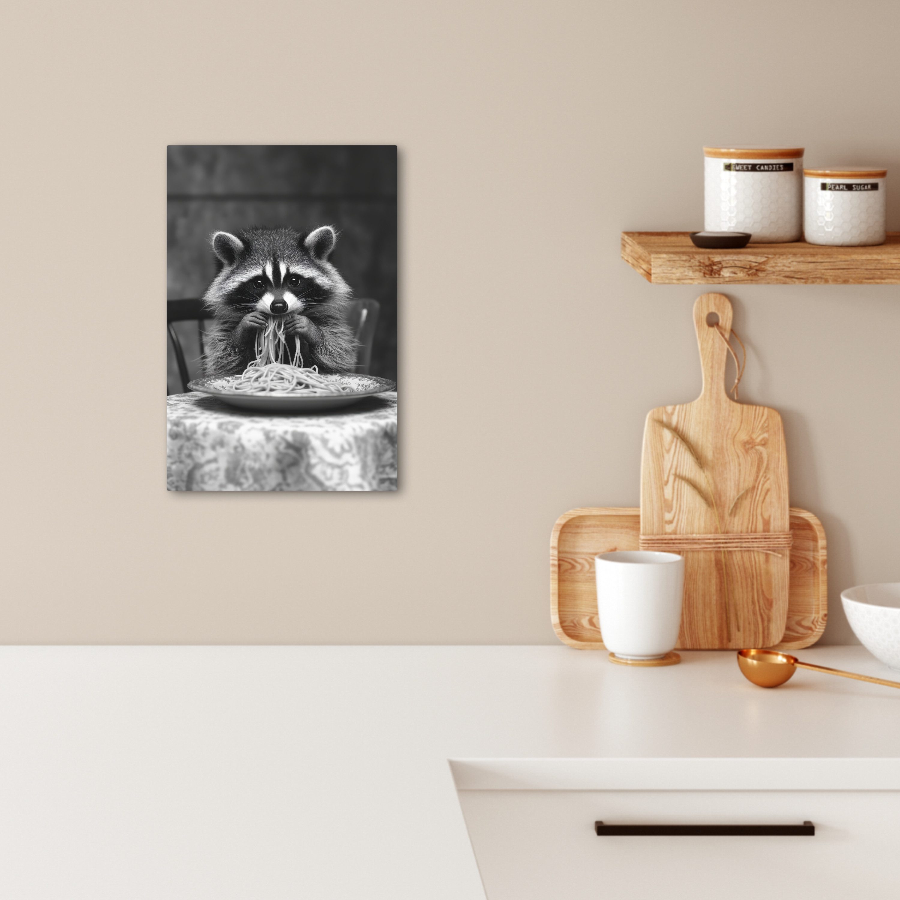 OneMillionCanvasses® Leinwandbild Waschbär - Niedlich - Pasta - Tischtuch - günstig online kaufen