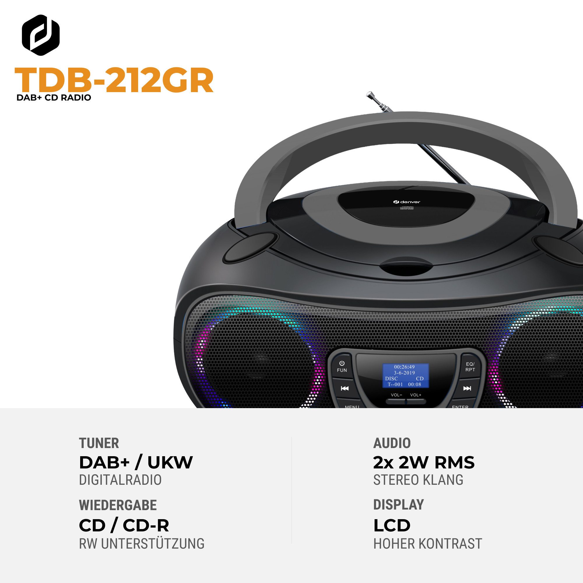 Denver TDB-212GR CD-Player (Bluetooth, DAB+/FM Radio, MP3 via USB,& AUX, Musik Streaming über Bluetooth, CD-Player, Bluetooth, 2 x 18W Output, Batterie- oder Netzbetrieb möglich)