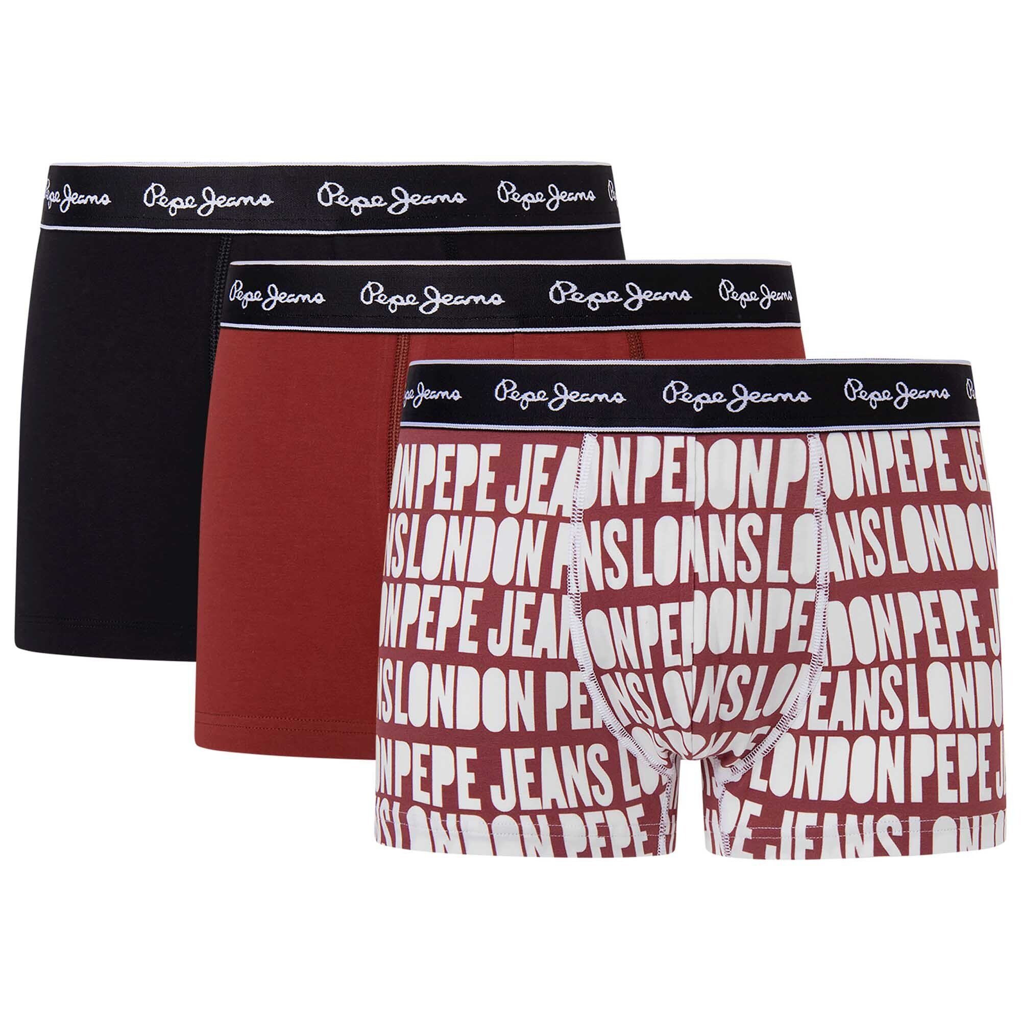 Pepe Jeans Boxer Herren Trunks, 3er Pack - ALLOVER LOGO Schwarz/Weiß/Rot