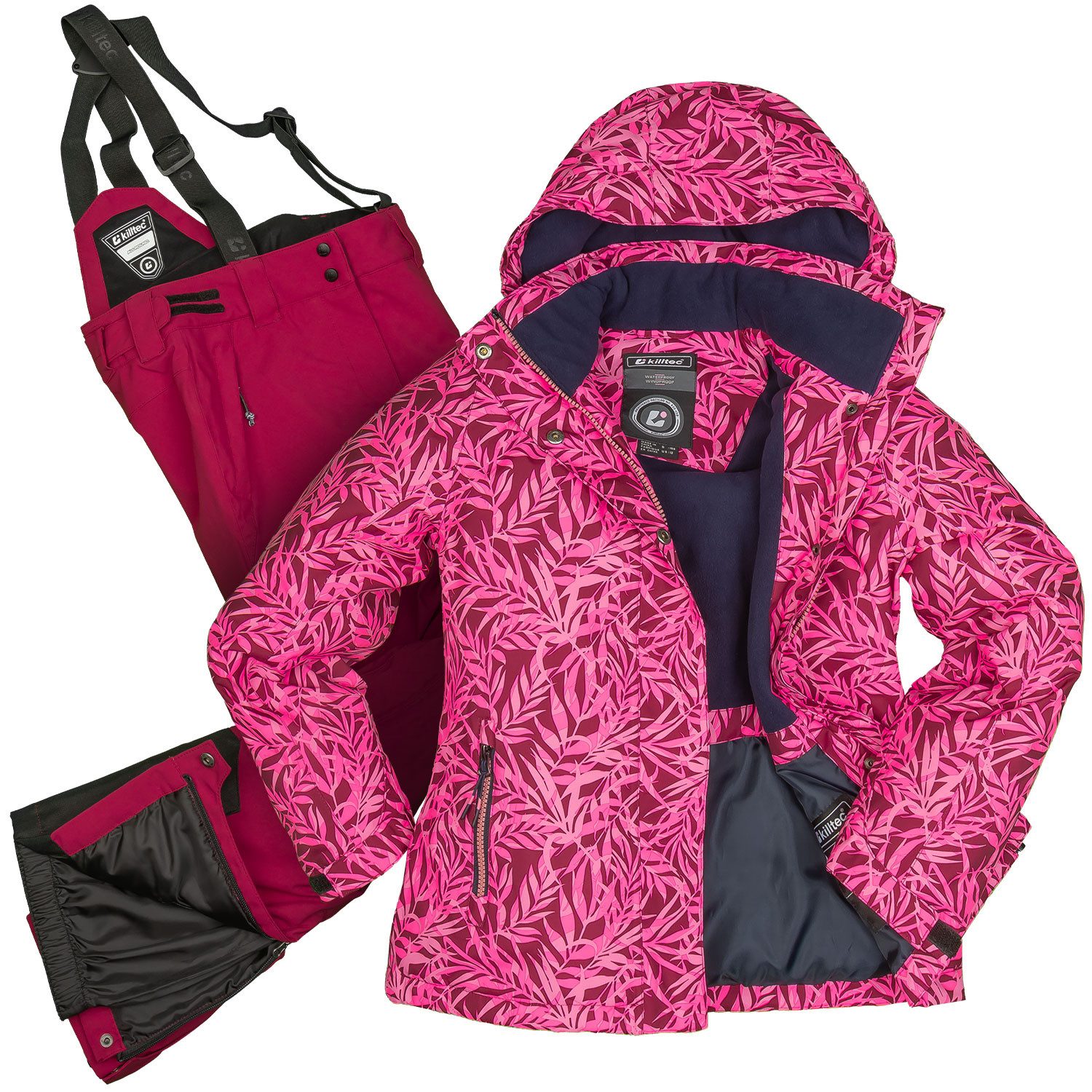Killtec Skianzug Mädchen Skijacke pink gemustert + Skihose bordeaux, verschweißte Nähte