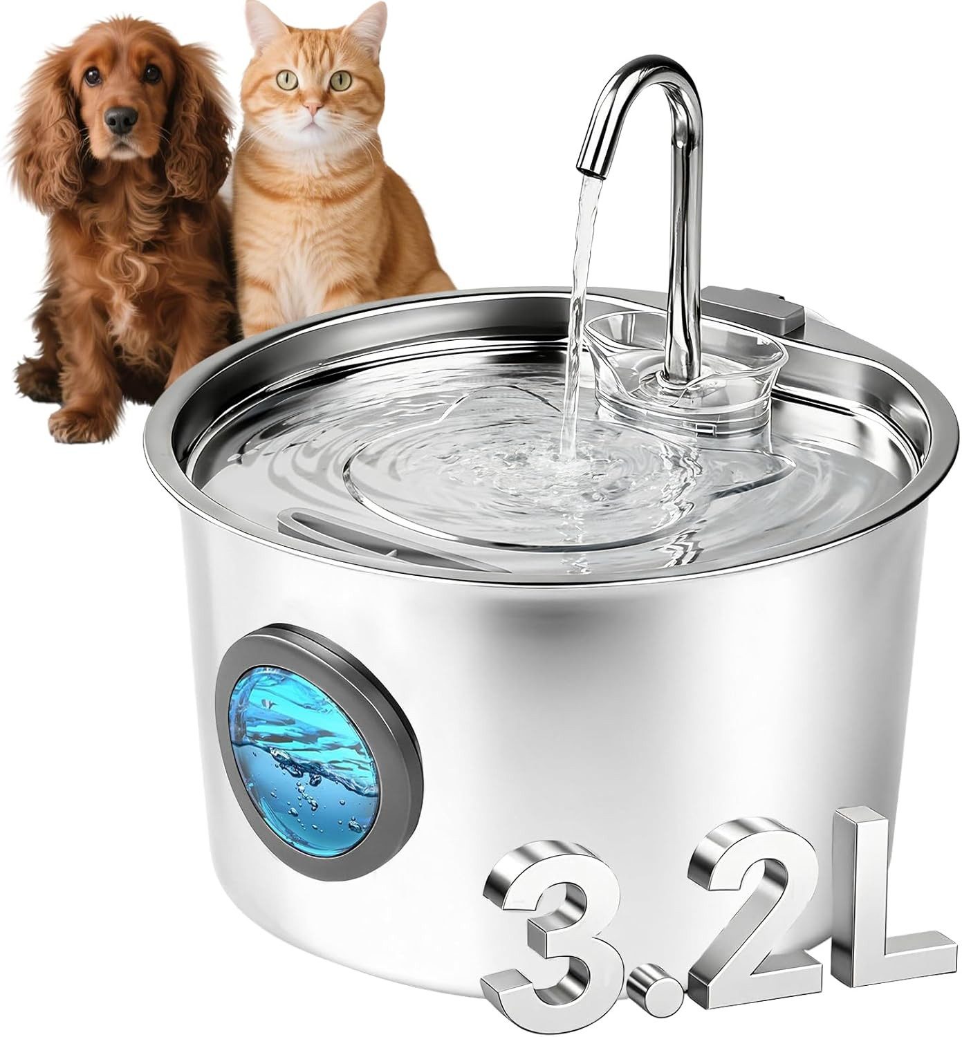 BlingBin Trinkbrunnen 3.2L Katzenbrunnen Ersatzfilter Für Katzen und Hunde 3.2 l, Katzen Springbrunnen Wasserpumpe Mit Led, Leise Pumpe mit 1Filter