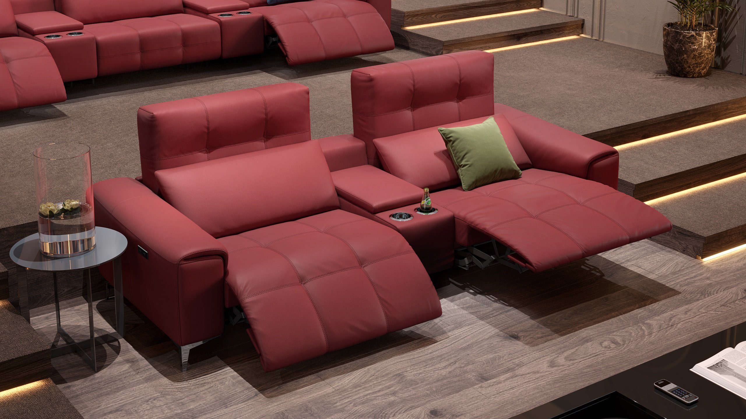 XXL: in Sofanella cm 100 Sofa SALENTO Kinosofa - Leder 268 x Rot 2-Sitzer Sofanella