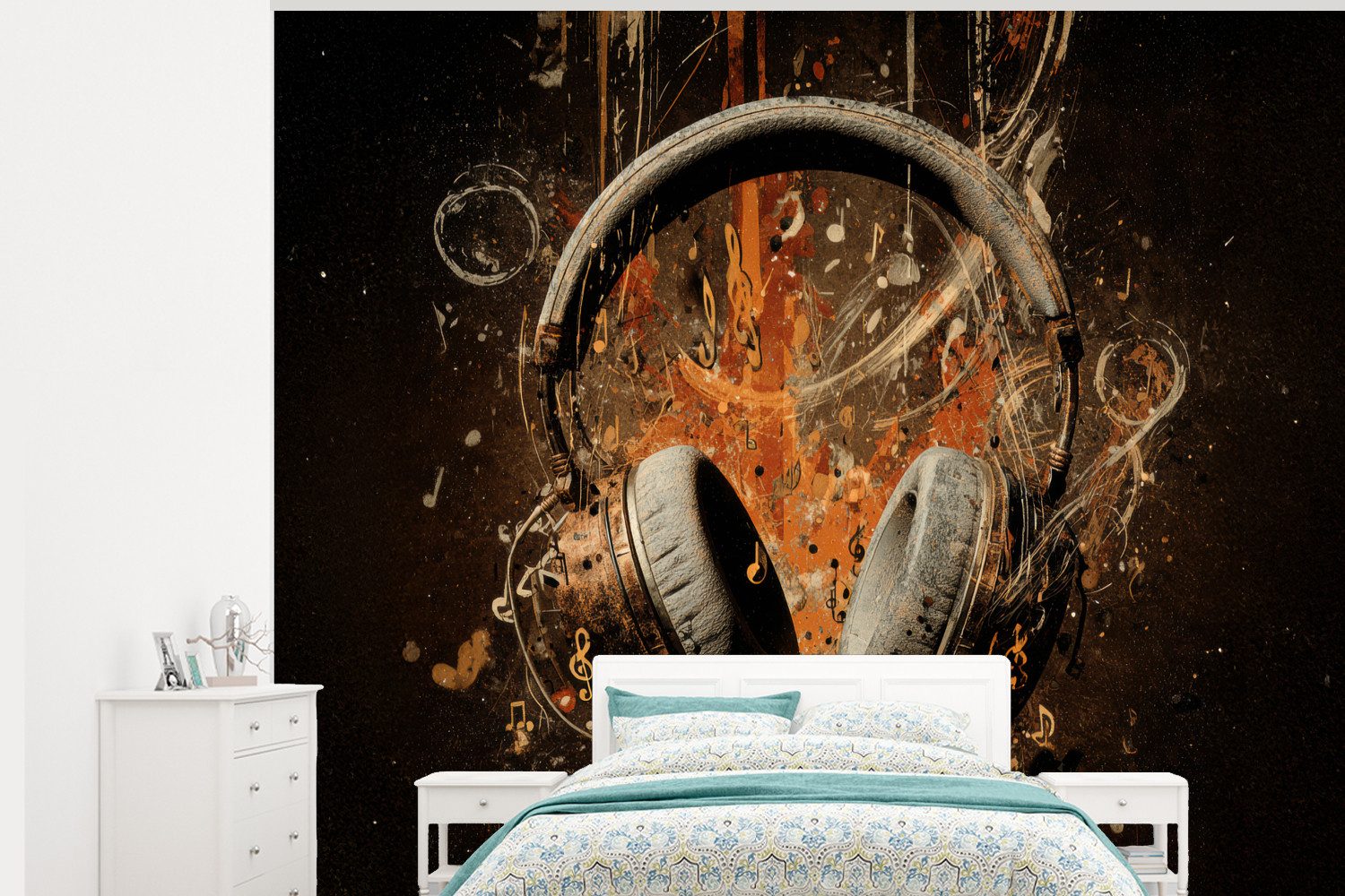 MuchoWow Fototapete Kopfhörer - Braun - Dynamische Pinselstriche, Matt, bedruckt, Montagefertig Vinyl Tapete, Wandtapete, 275x220 cm