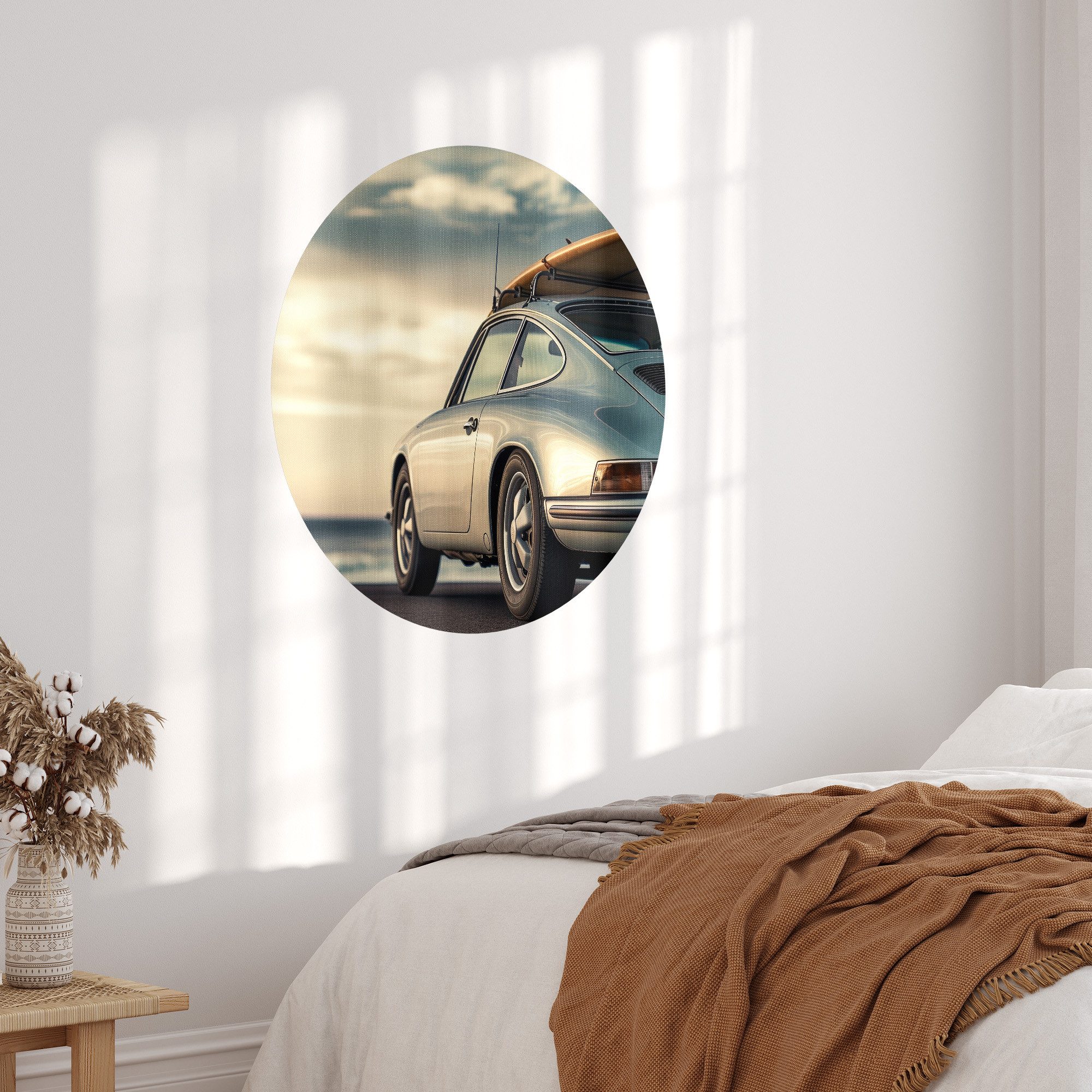 DEQORI Fototapete 'Wellenjagd im Sonnenlicht', Rund, matte Leinwandstruktur, bedruckt, (1 St), selbstklebend Wandtattoo Motiv Wandtapete Wand Sticker Bild Tapete