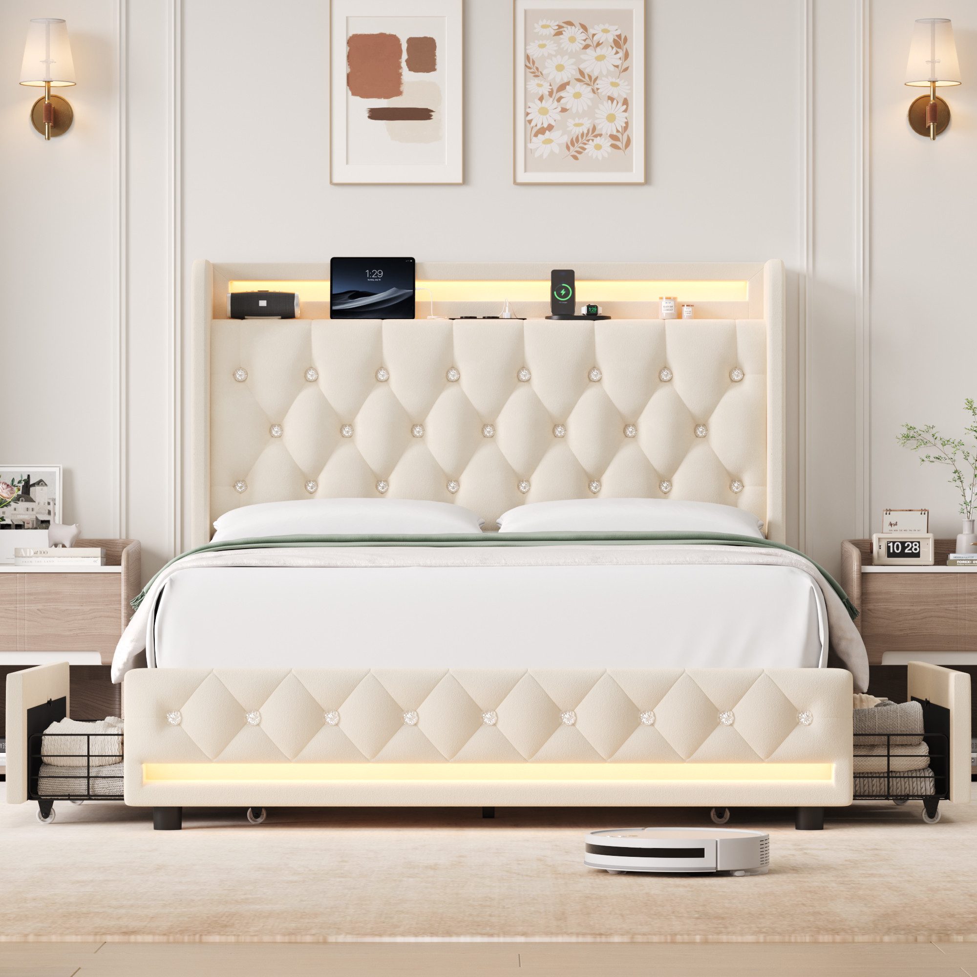 Homfa Polsterbett Bett 140x200 Bettgestell Doppelbett, Jugendbett mit 4 Schubladen, ohne Matratze