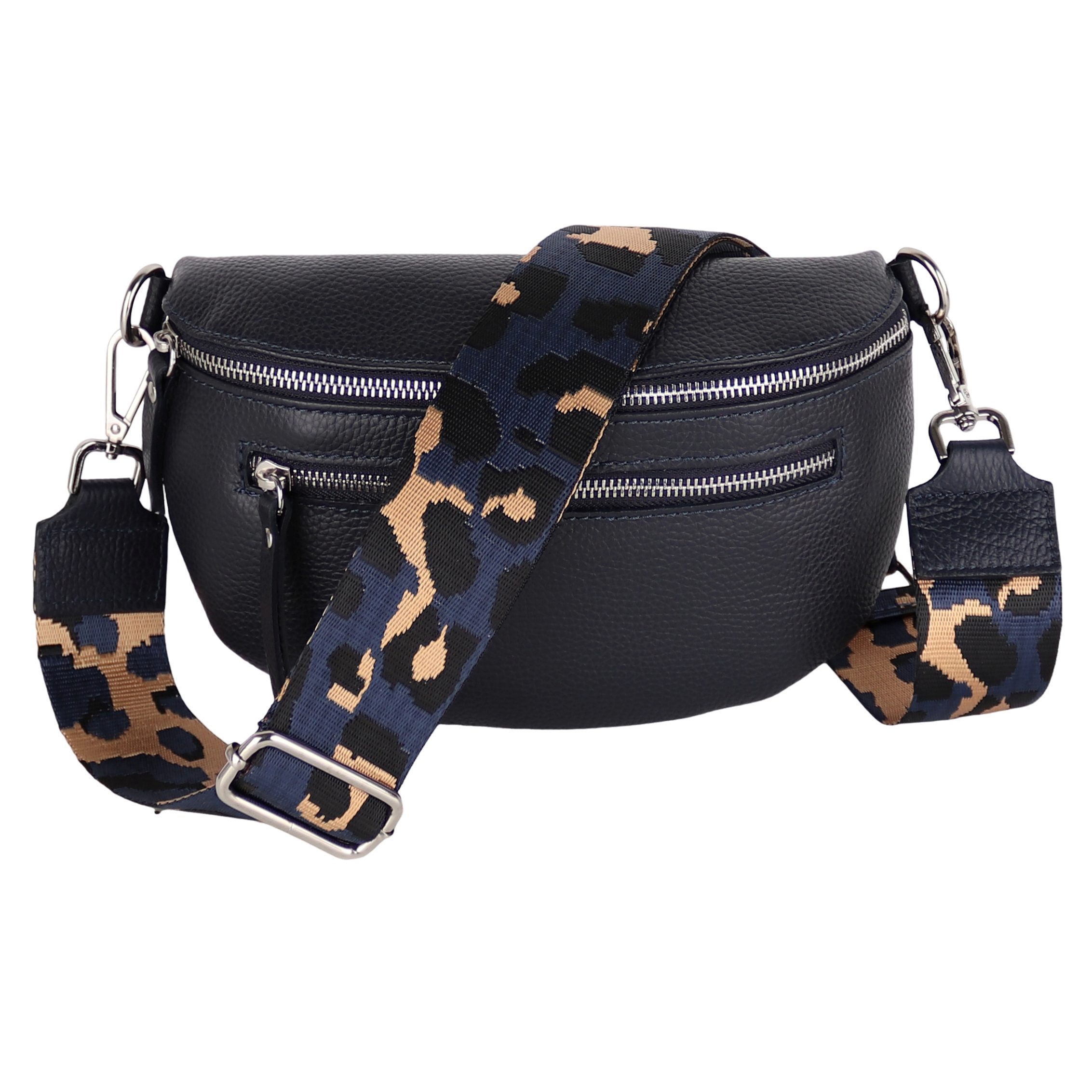 MIRROSI Bauchtasche Damen, Echtleder, Leder, Made in Italy, Umhängetasche, Brusttasche, (Schultertasche für jeden Anlass (1 Tasche & 2 Gurt), Mit zwei Reißverschlüssen, 27x14,5x8cm, BOHO Style), Navy Braun Crossbody Bag, gemusterten& verstellbaren Schulterriemen